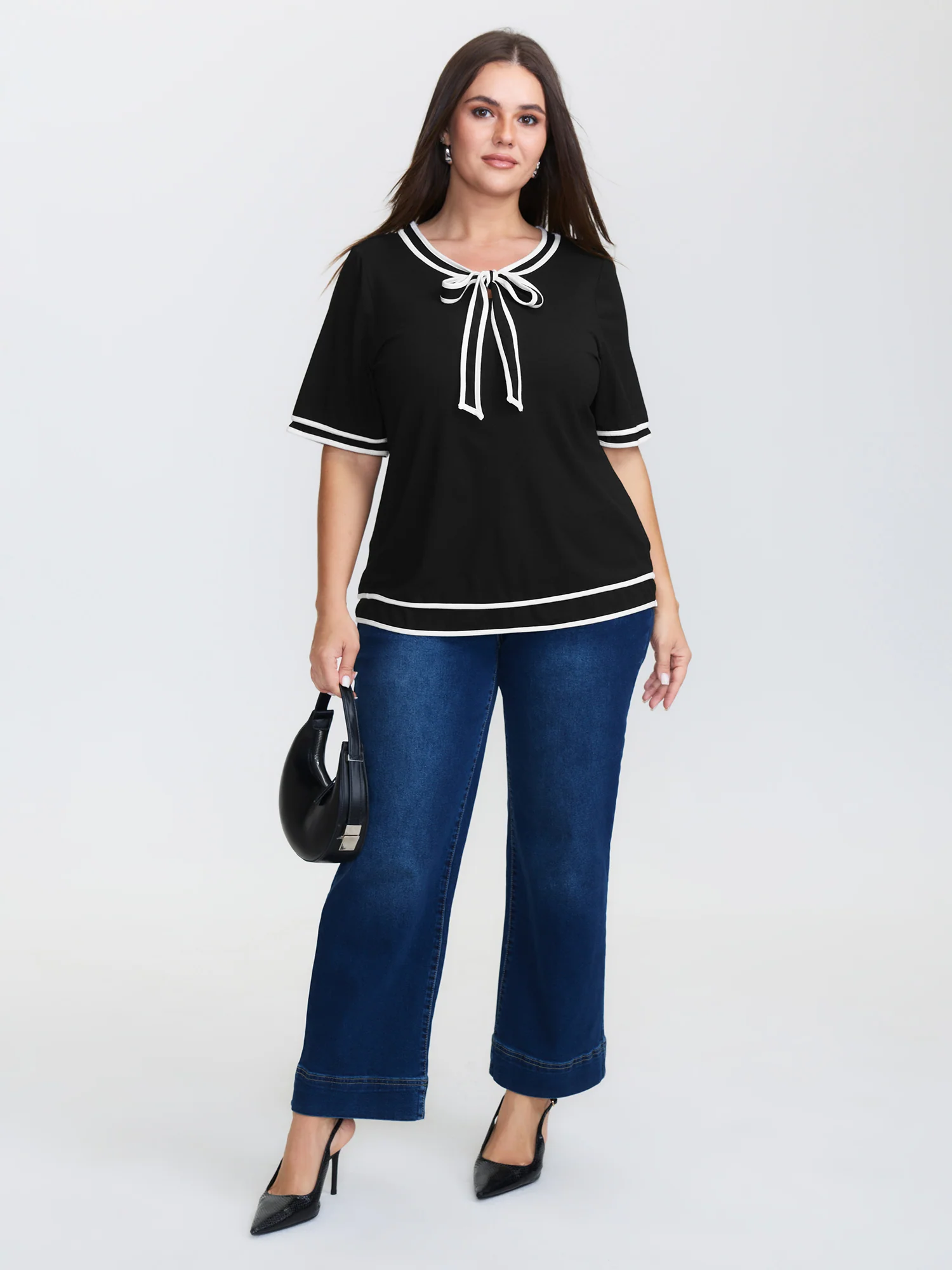 Supersoft Sailor Neck-Tie Contrast Knit Top - Image 2