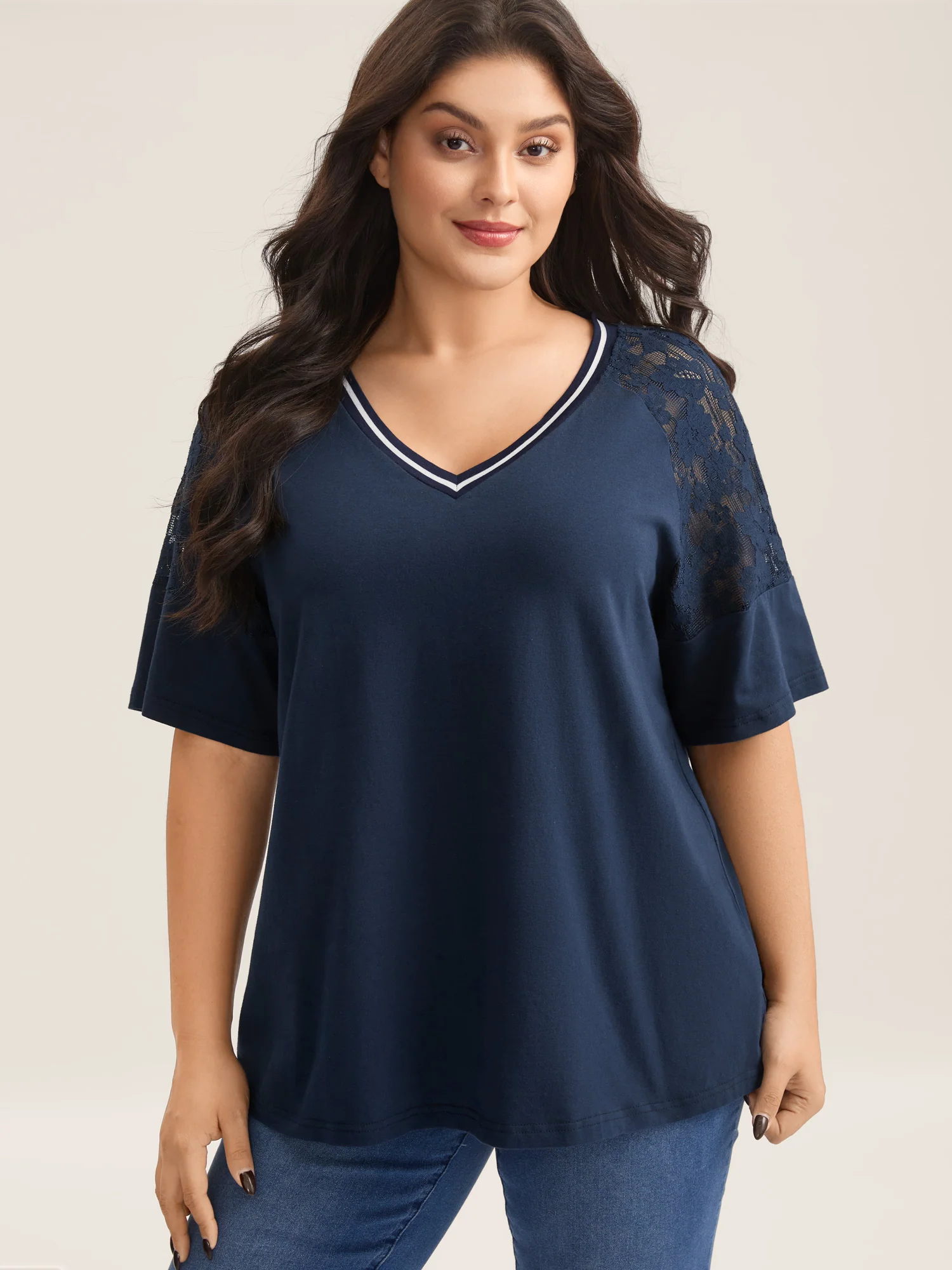 Supersoft Sheer Floral Sleeve V-Neck T-Shirt - Image 2