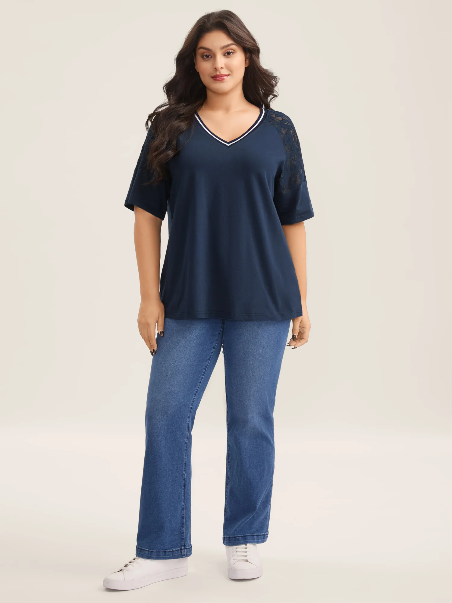 Supersoft Sheer Floral Sleeve V-Neck T-Shirt - Image 3