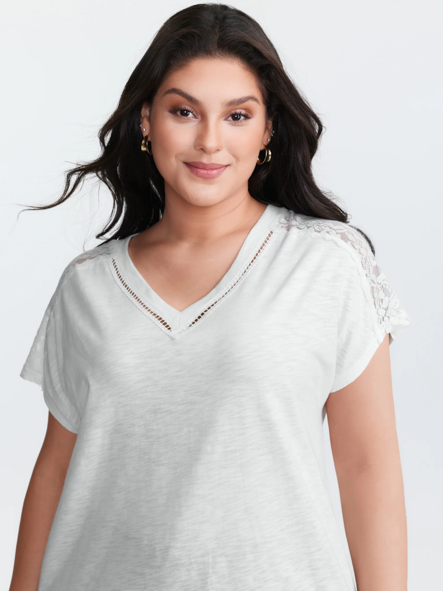 Supersoft Sheer Lace Shoulder V-Neck T-Shirt - Image 2
