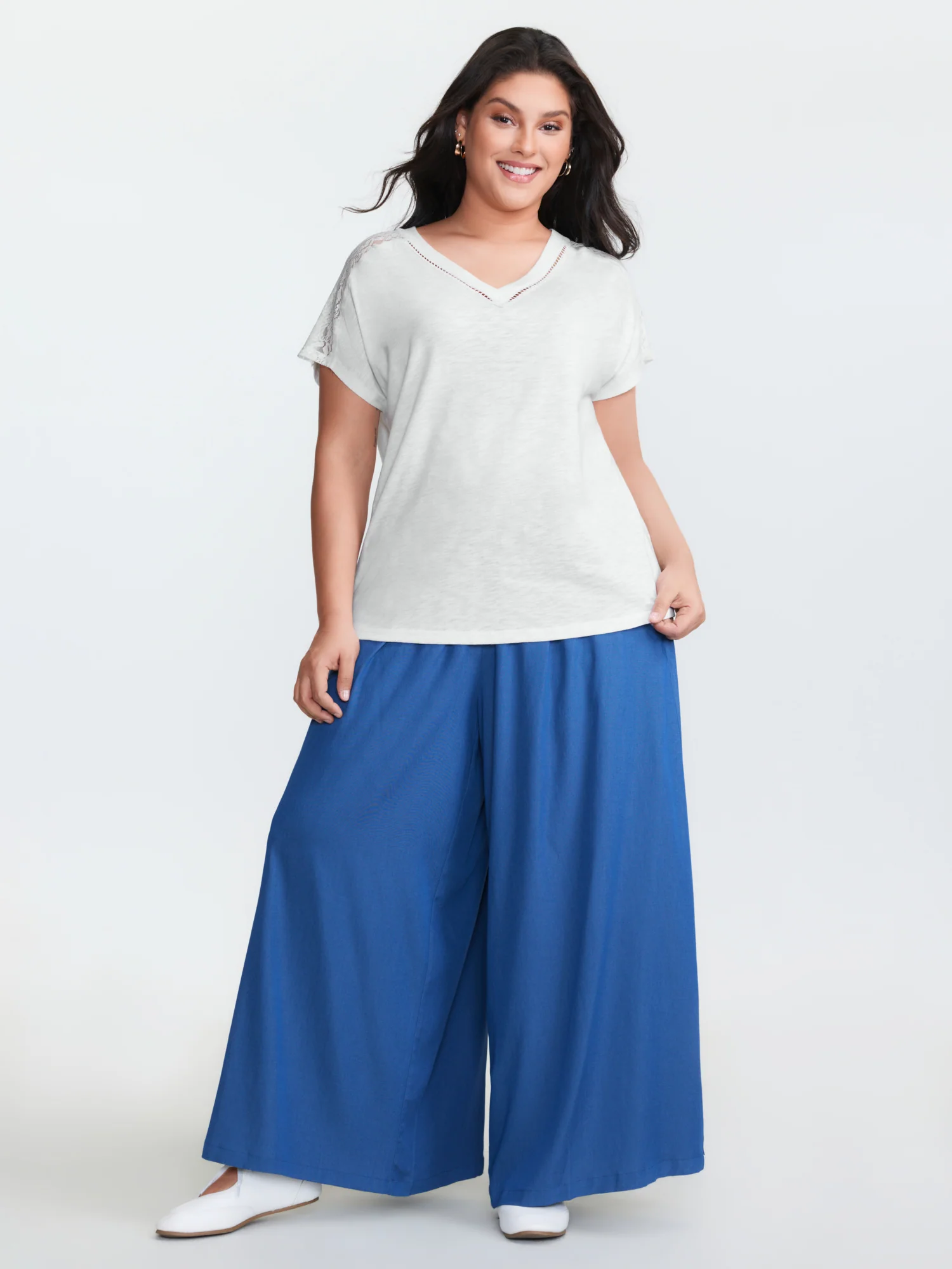 Supersoft Sheer Lace Shoulder V-Neck T-Shirt - Image 3