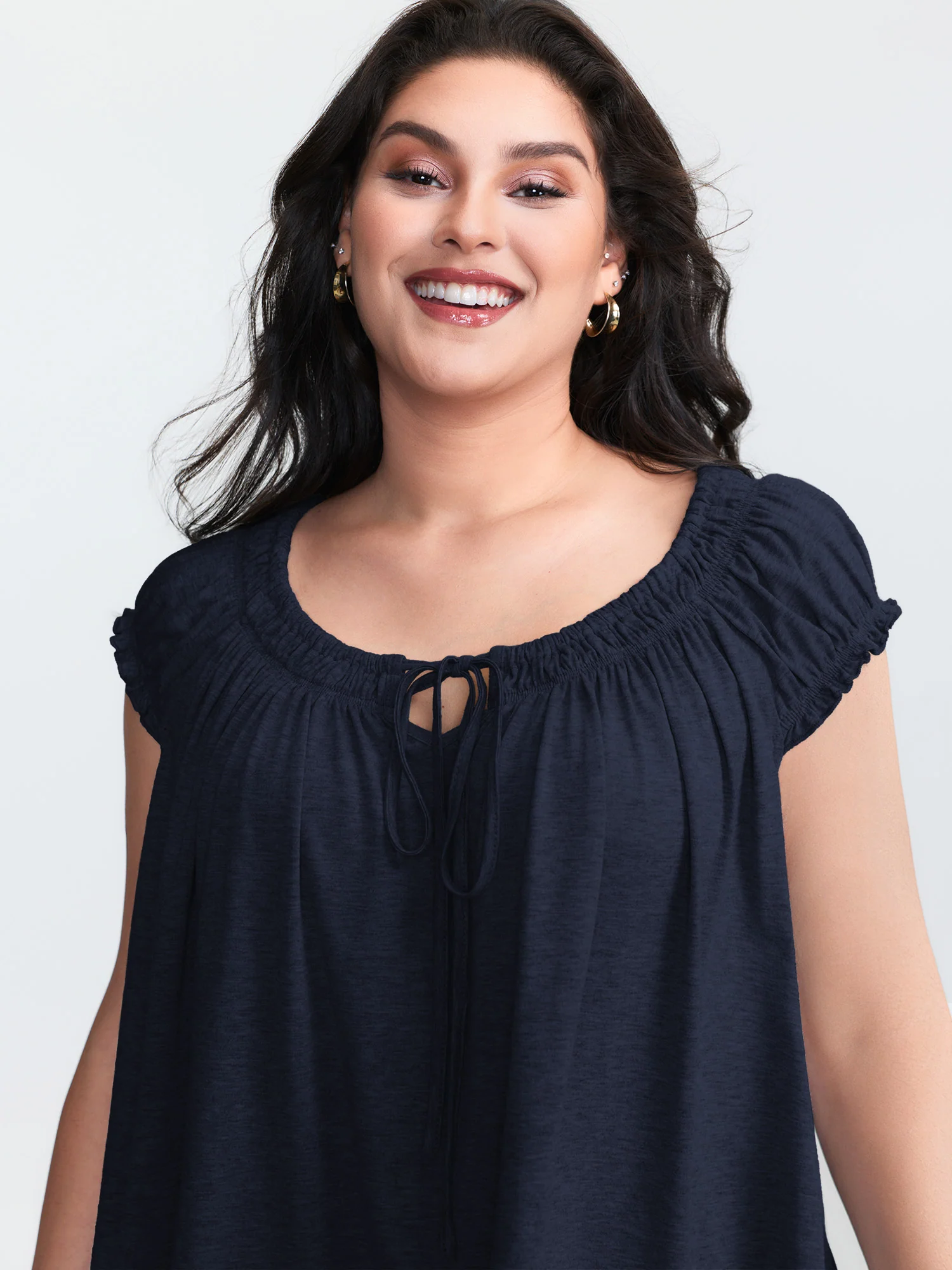 Supersoft Shirred Drawstring Neckline Flowy Top - Image 2