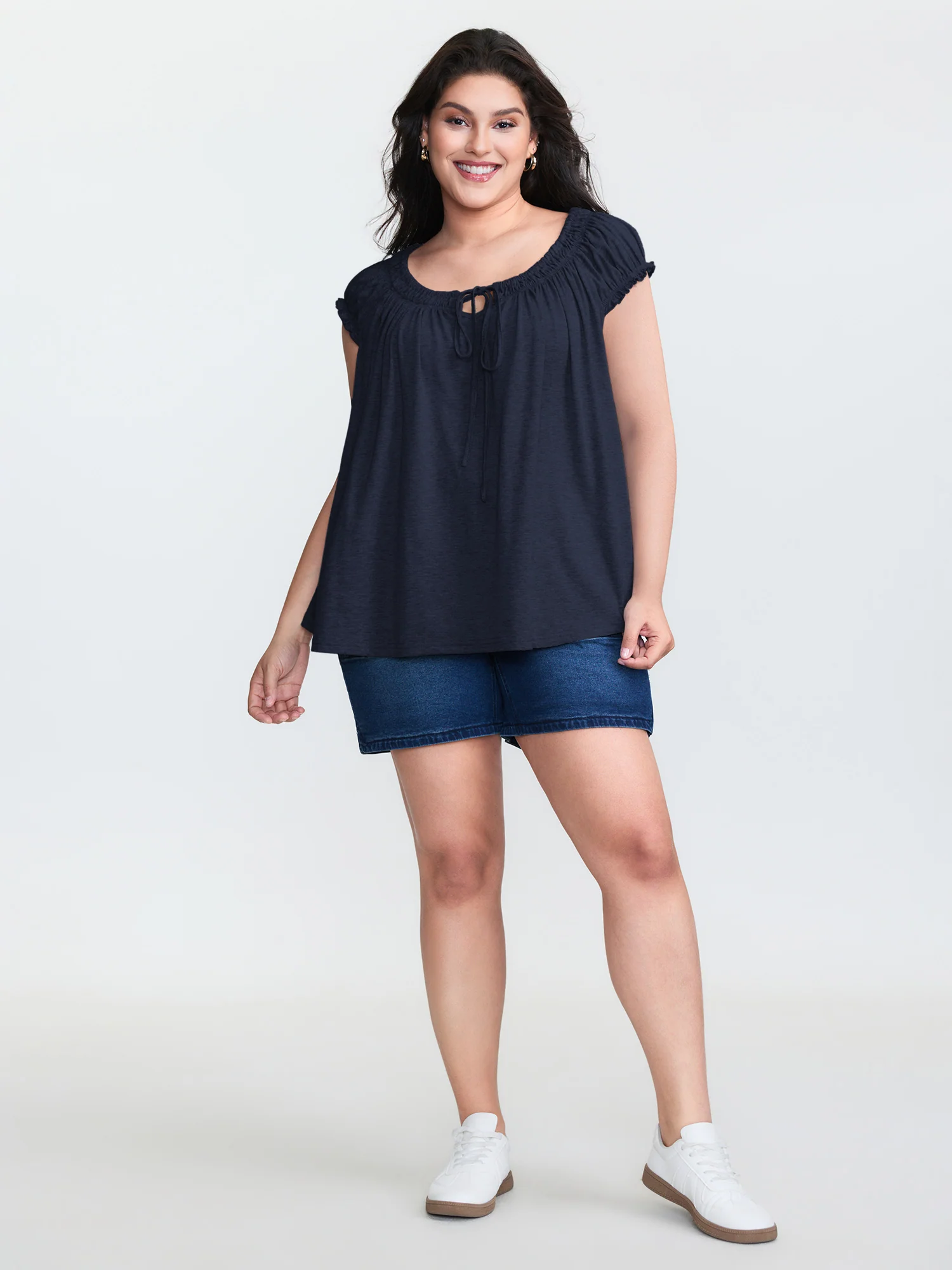 Supersoft Shirred Drawstring Neckline Flowy Top - Image 3