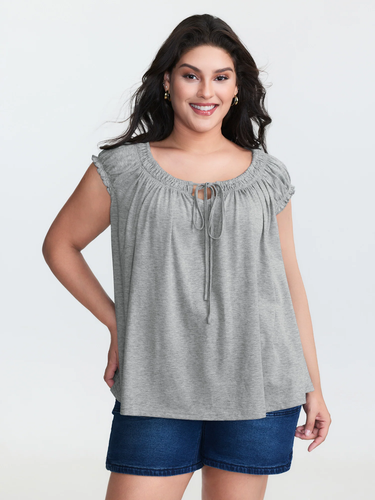 Supersoft Shirred Drawstring Neckline Flowy Top - Image 5