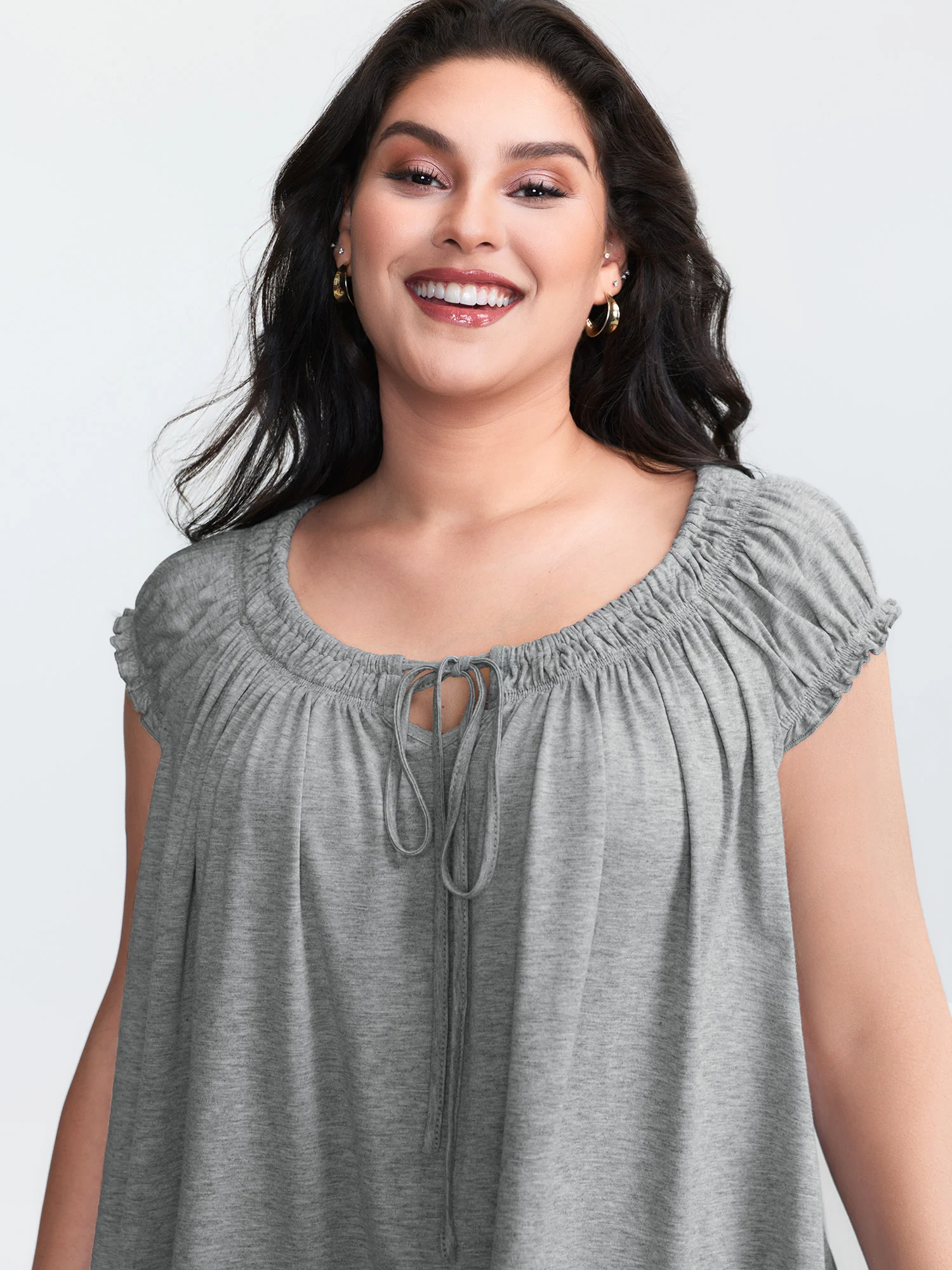 Supersoft Shirred Drawstring Neckline Flowy Top - Image 6