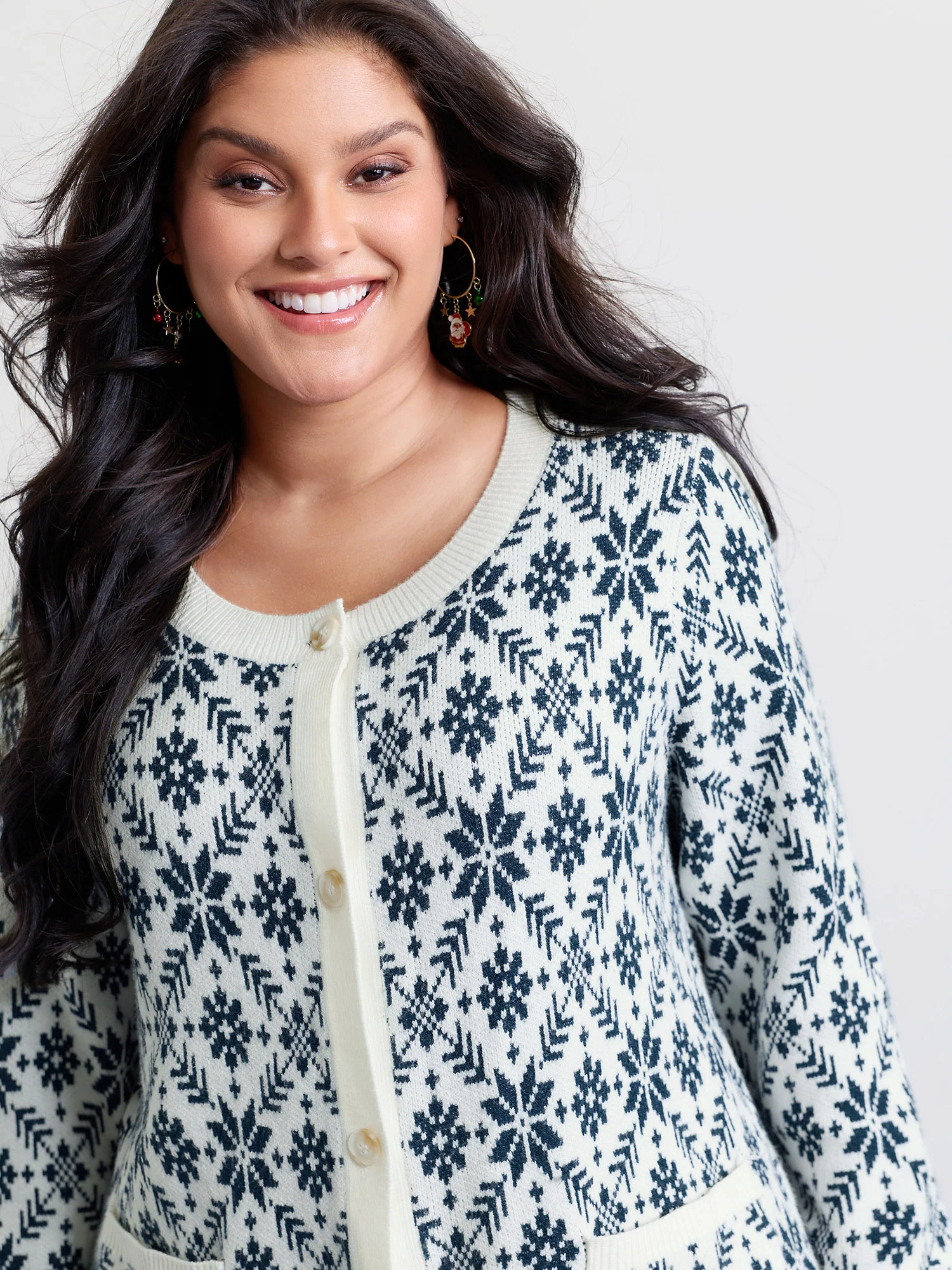 Supersoft Snowflake Jacquard Pattern Pockets Knit Cardigan - Image 2
