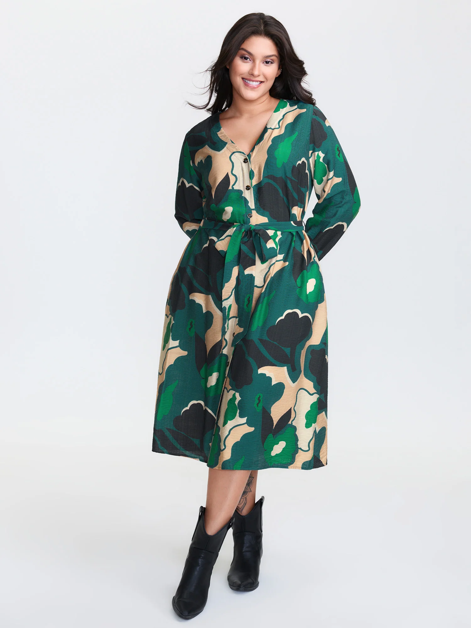 Supersoft Split Hem Belted Abstract Midi Dress - Image 2