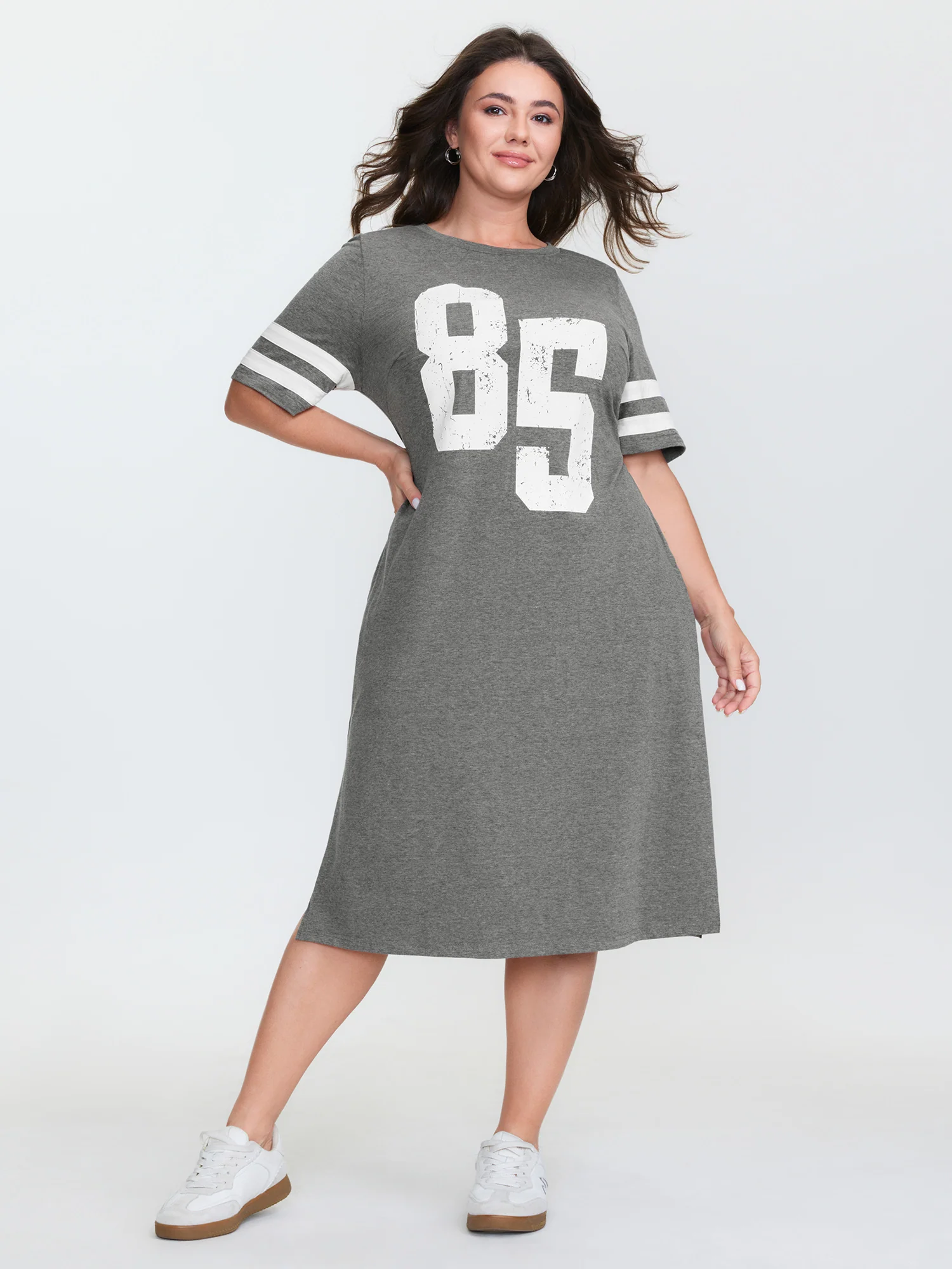 Supersoft Sporty Print Striped Sleeve Midi Dress - Image 2