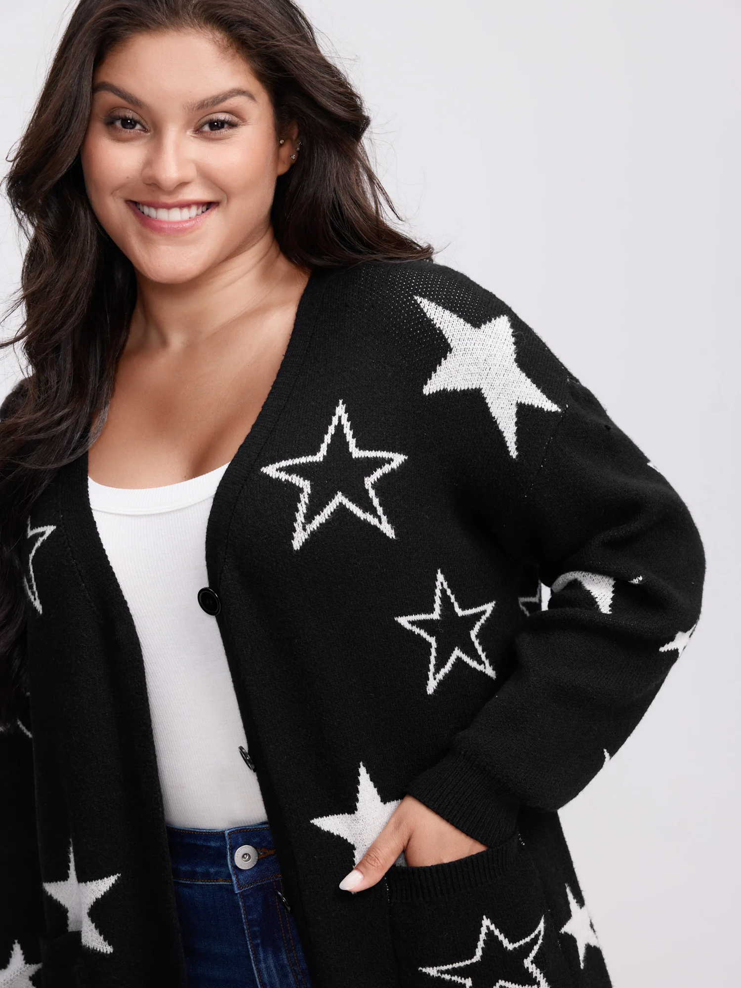 Supersoft Star Jacquard Pockets Button Knit Cardigan - Image 2