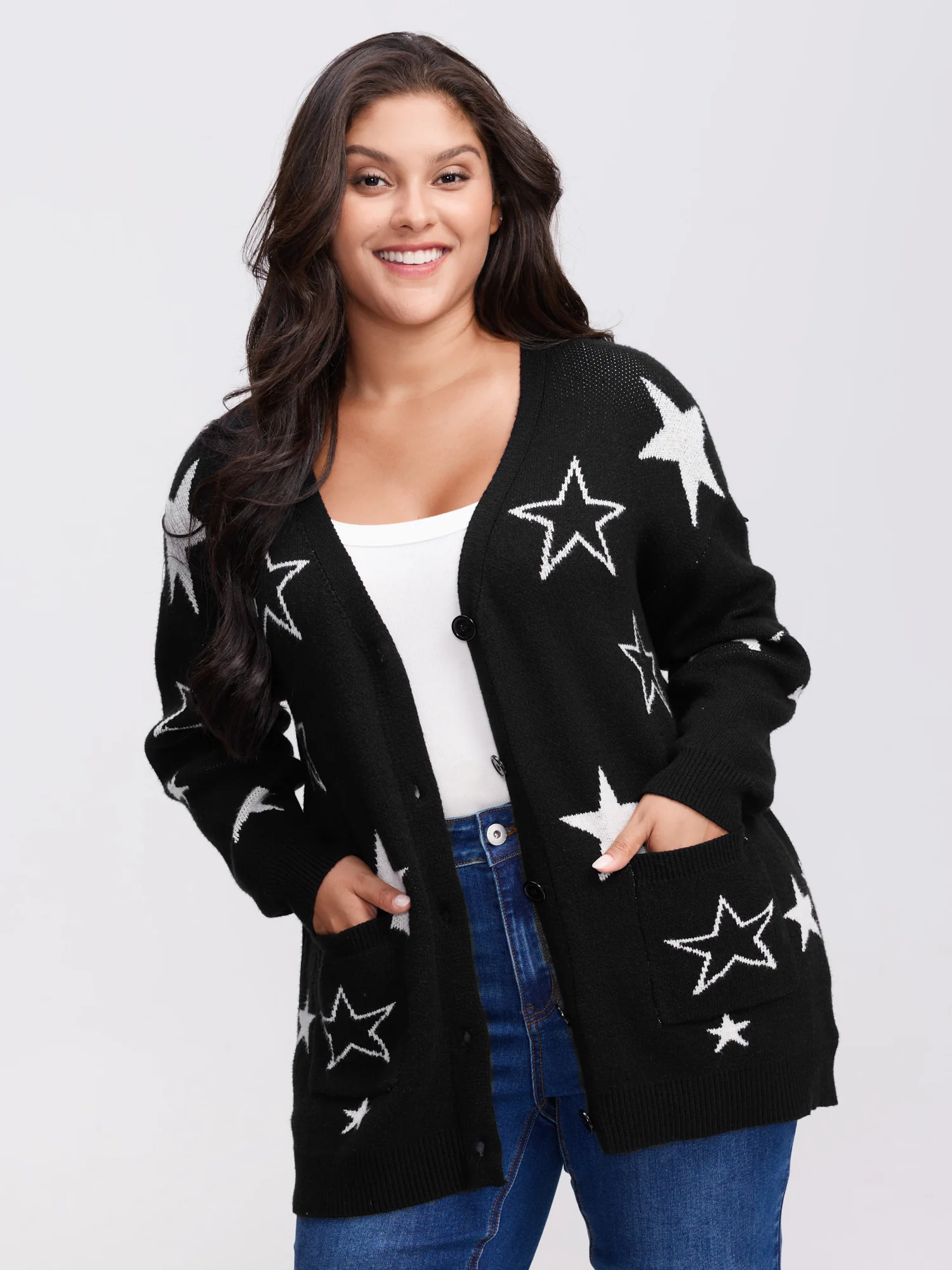 Supersoft Star Jacquard Pockets Button Knit Cardigan - Image 4
