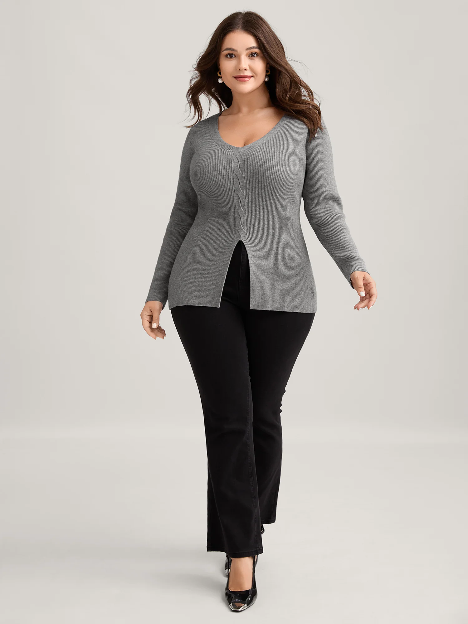 Supersoft Stretchy Cable Knit Slit Front Fitted Pullover - Image 4