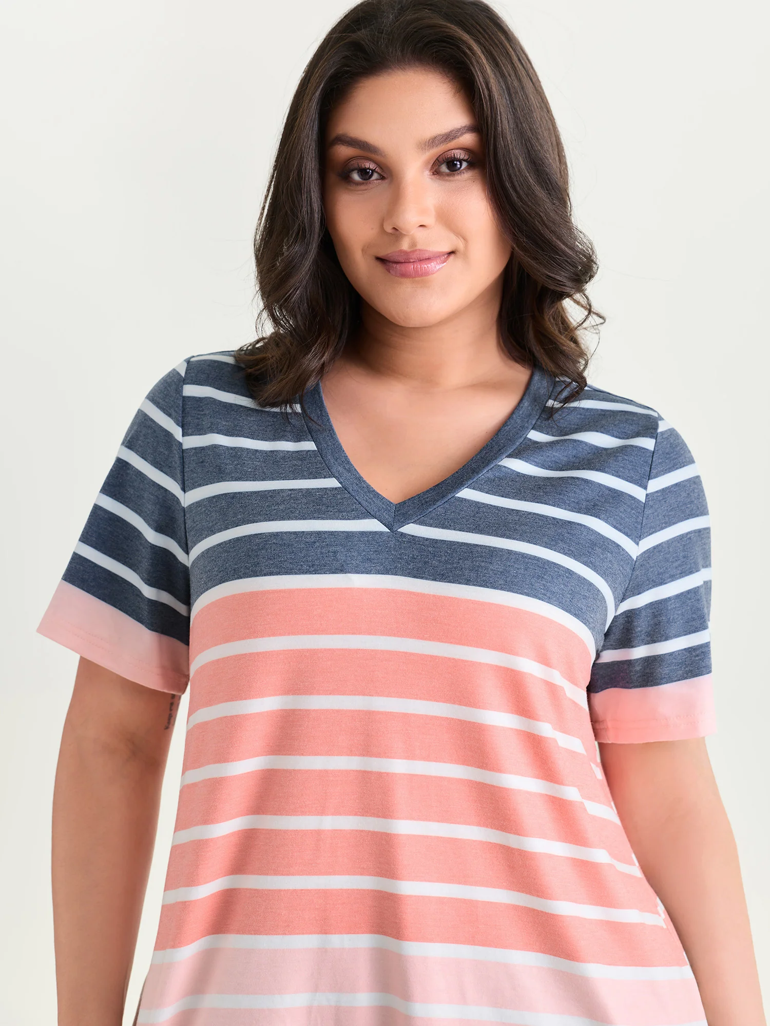 Supersoft Stretchy Colorful Striped Print V-Neck T-Shirt - Image 2
