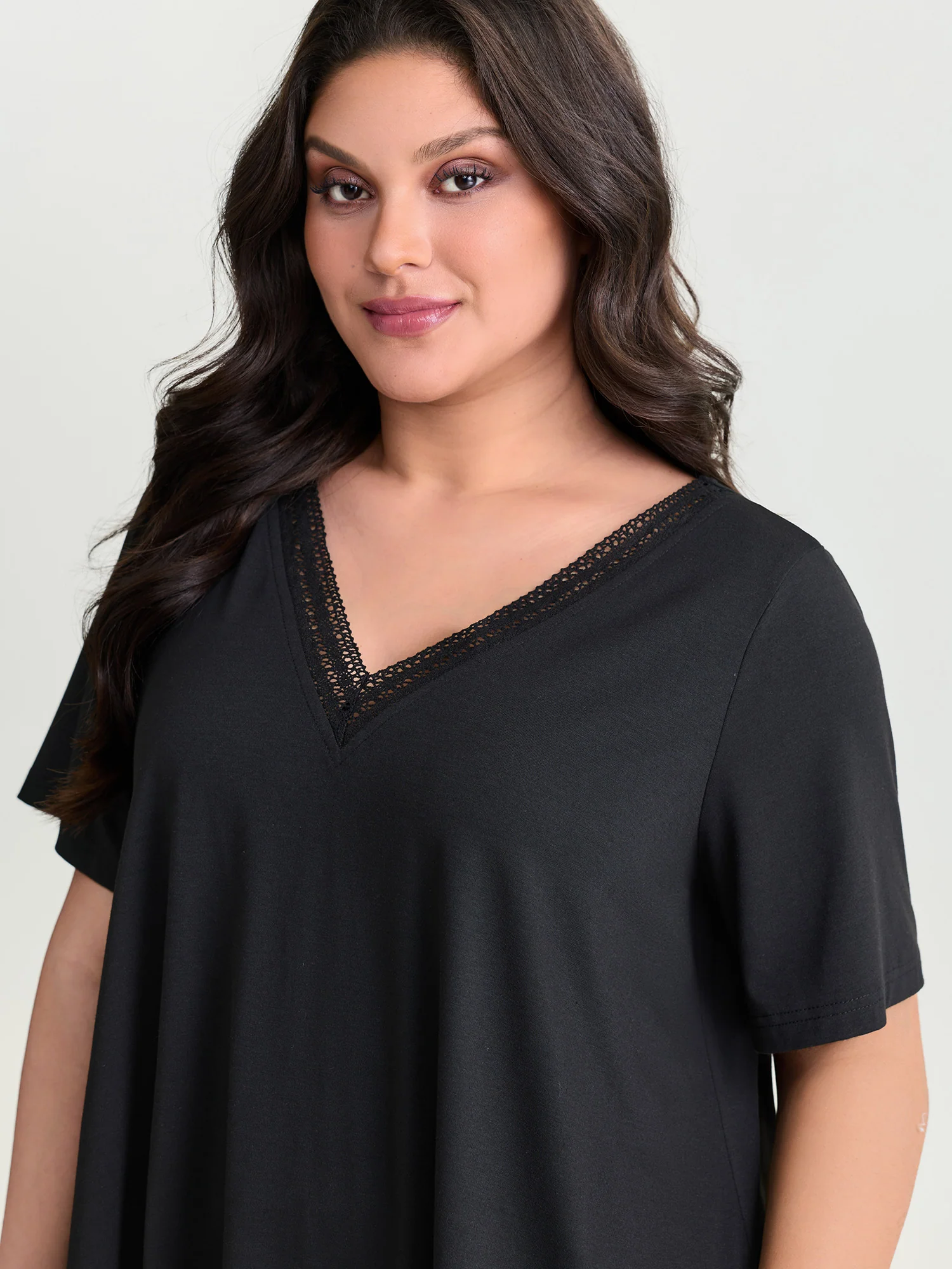Supersoft Stretchy Draped Lace Trim Plain T-Shirt - Image 2