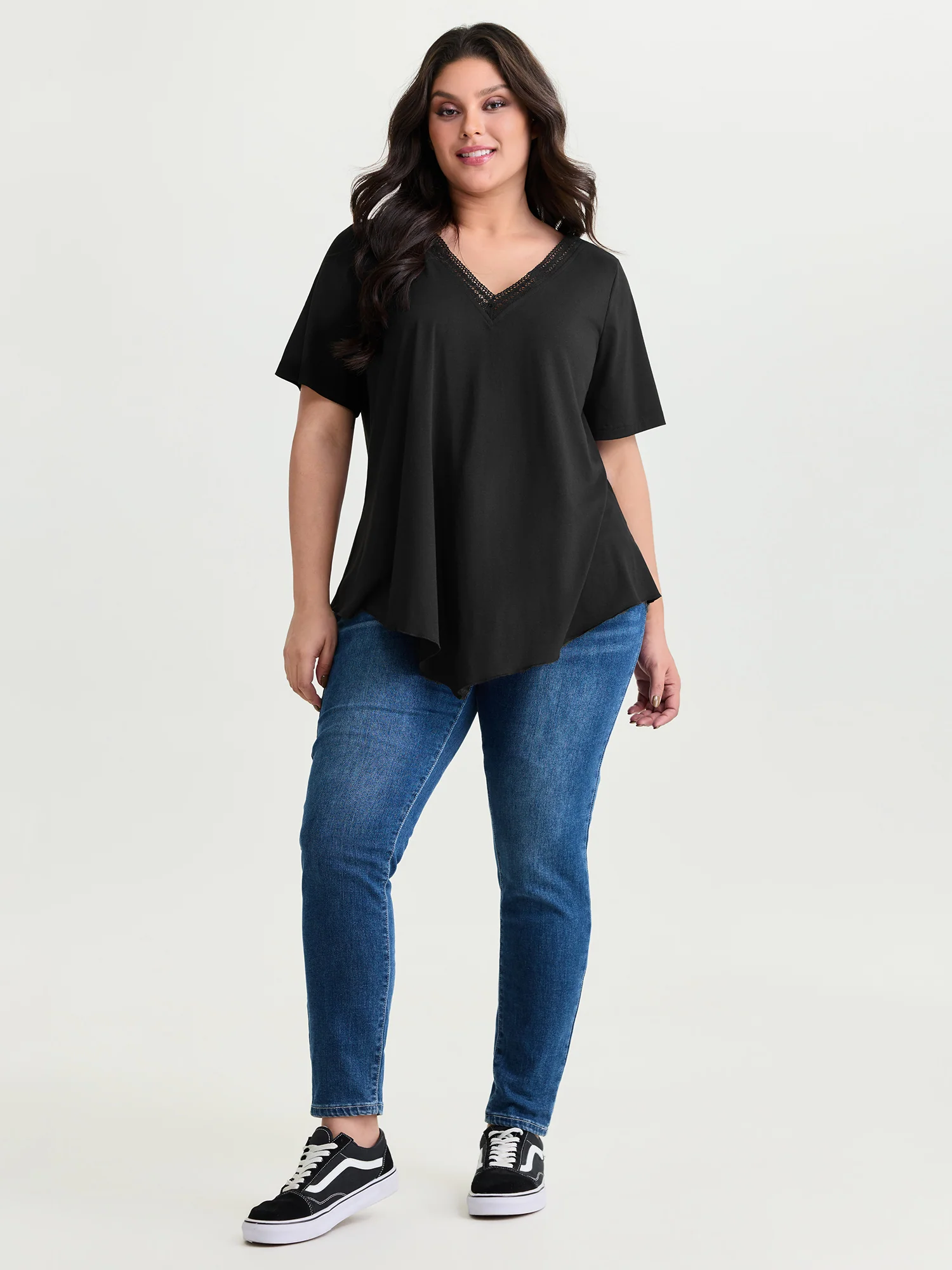 Supersoft Stretchy Draped Lace Trim Plain T-Shirt - Image 3