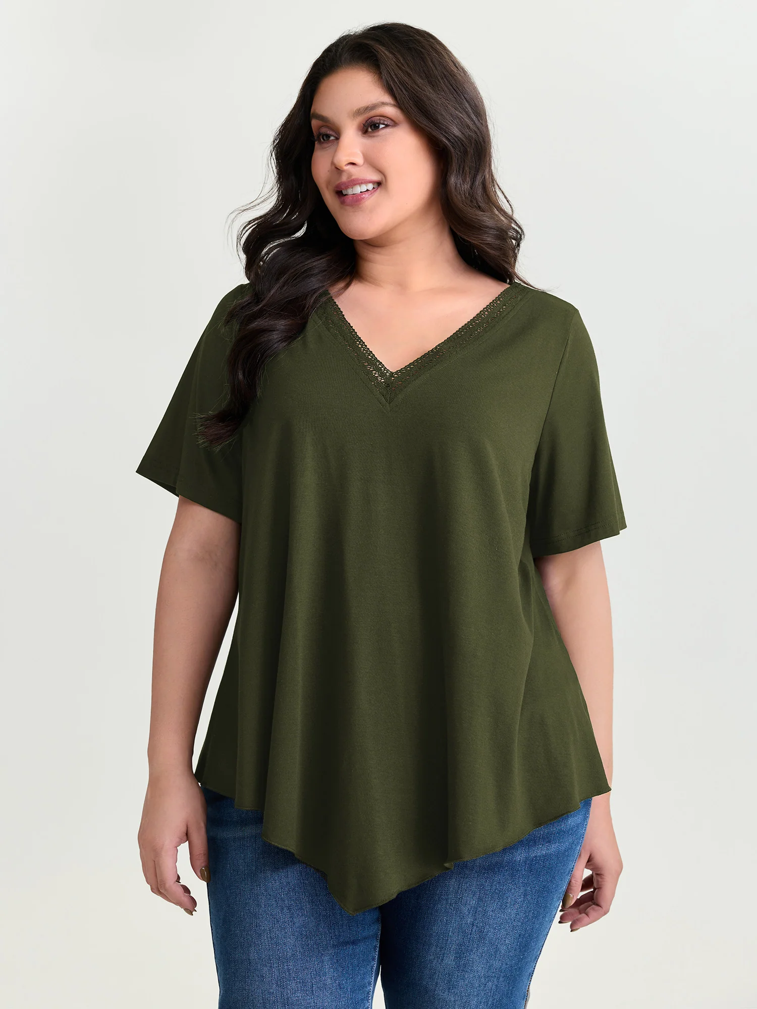 Supersoft Stretchy Draped Lace Trim Plain T-Shirt - Image 9