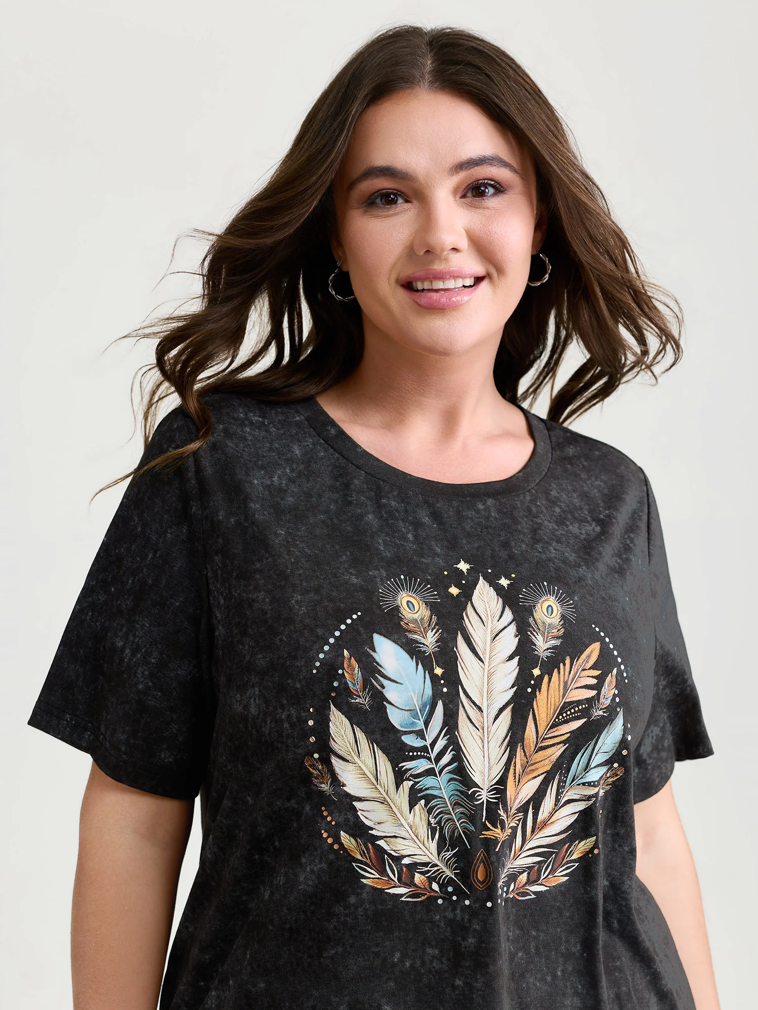 Supersoft Stretchy Feather Print Snowflake Effect T-Shirt - Image 2