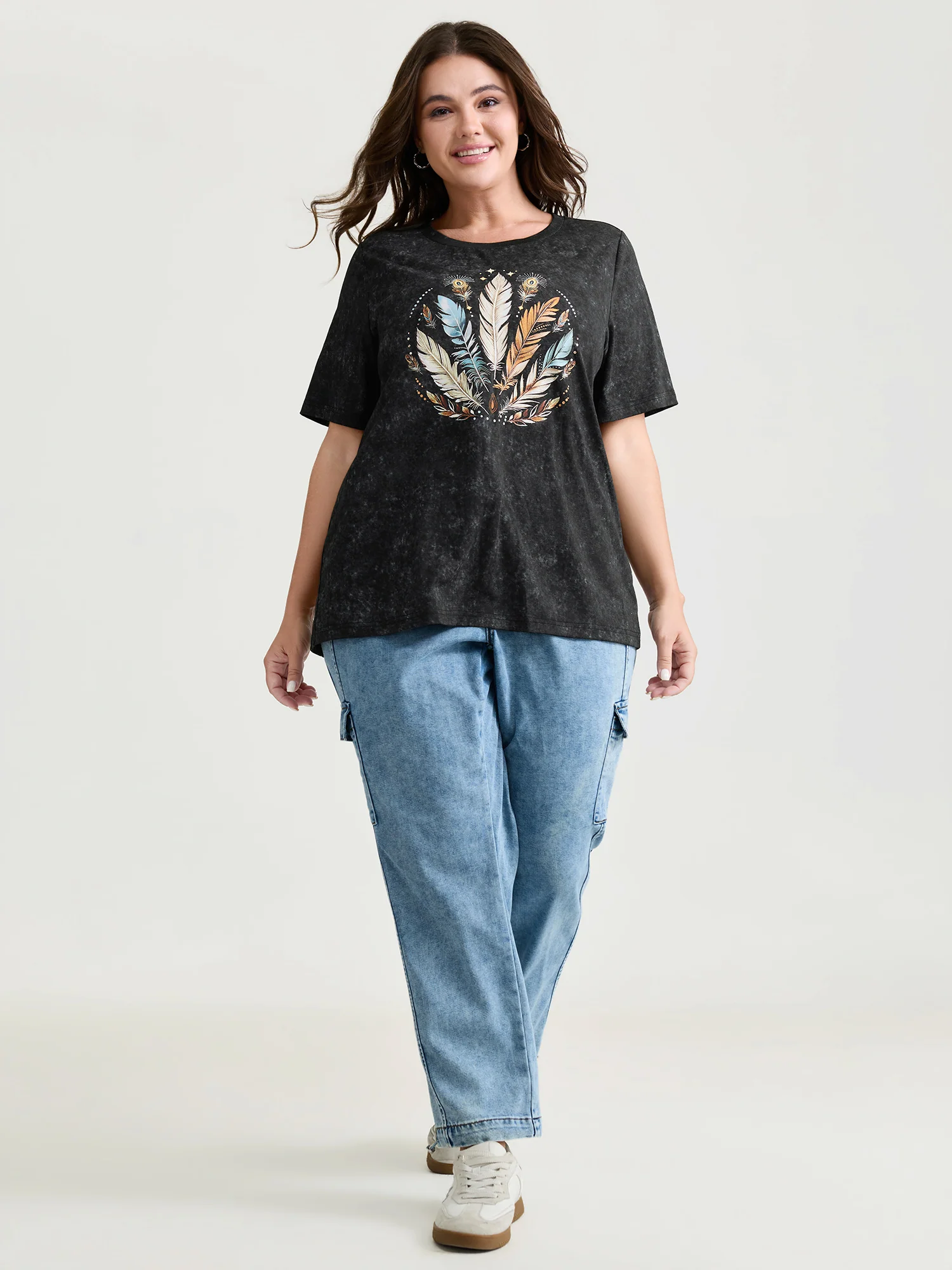 Supersoft Stretchy Feather Print Snowflake Effect T-Shirt - Image 3