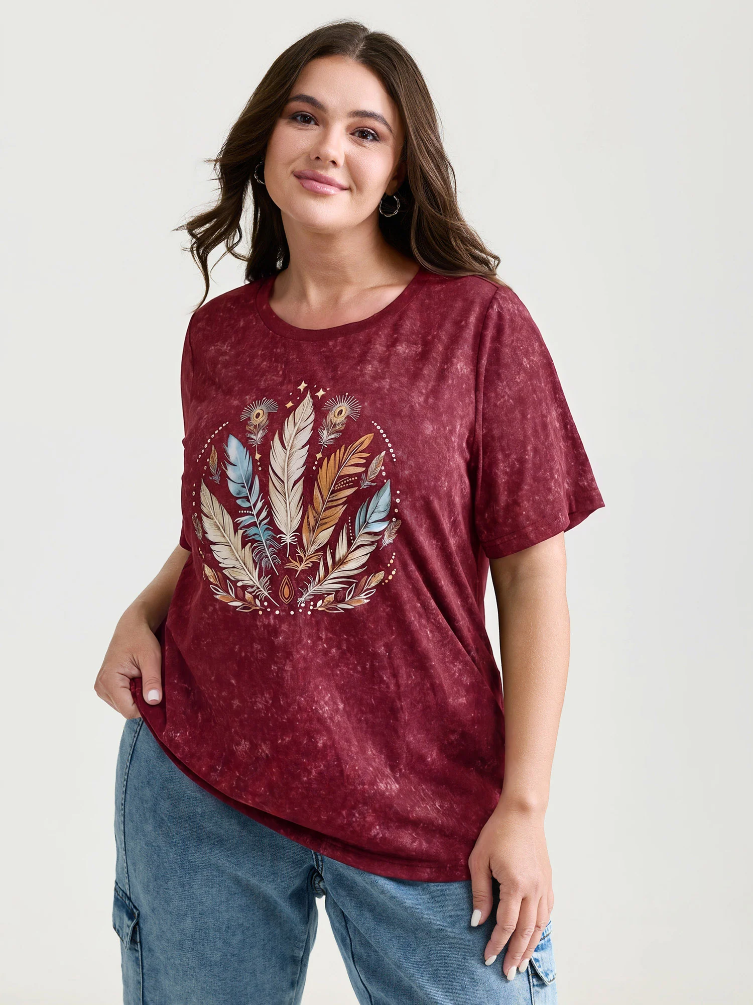 Supersoft Stretchy Feather Print Snowflake Effect T-Shirt - Image 8