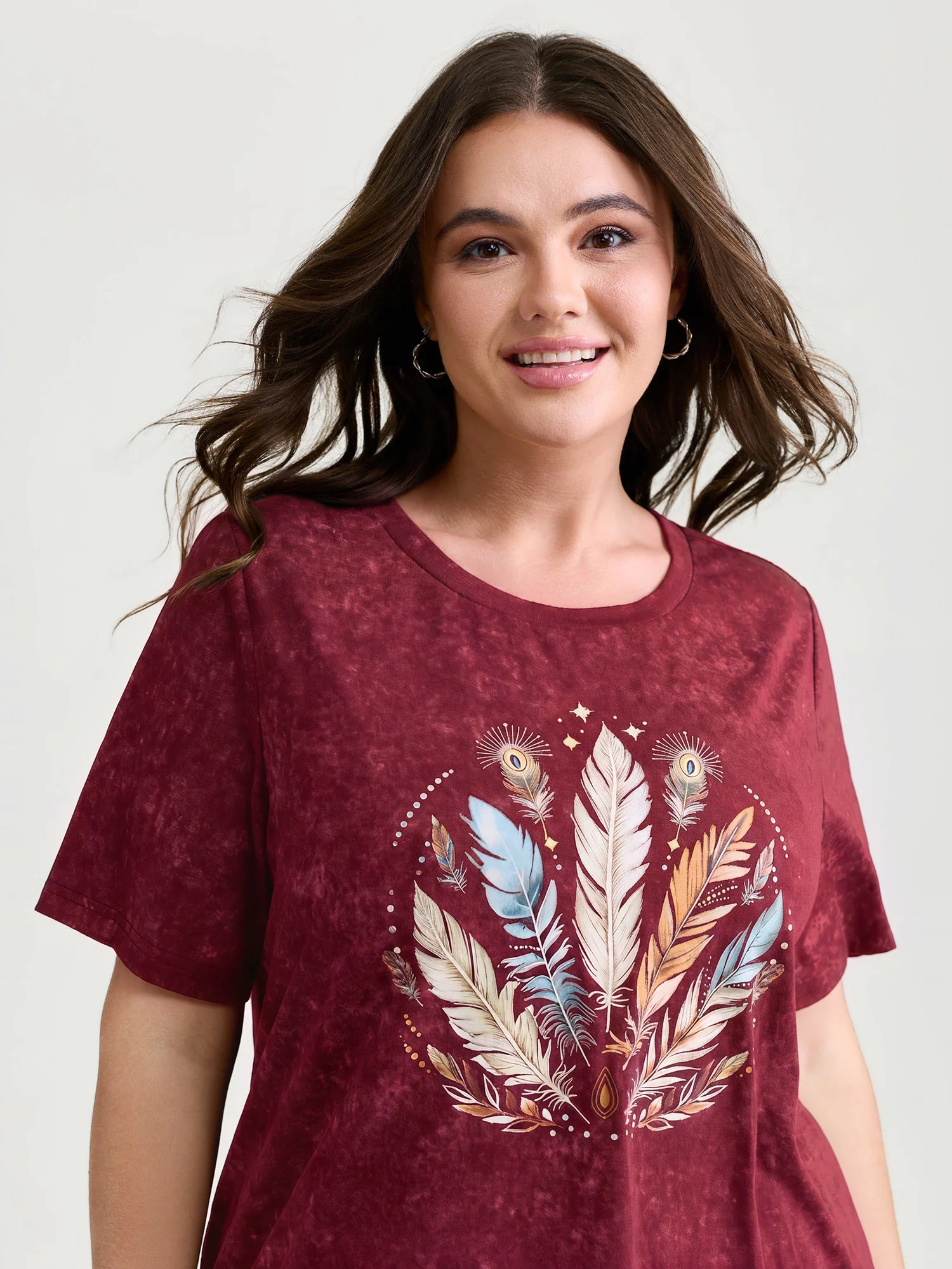Supersoft Stretchy Feather Print Snowflake Effect T-Shirt - Image 9