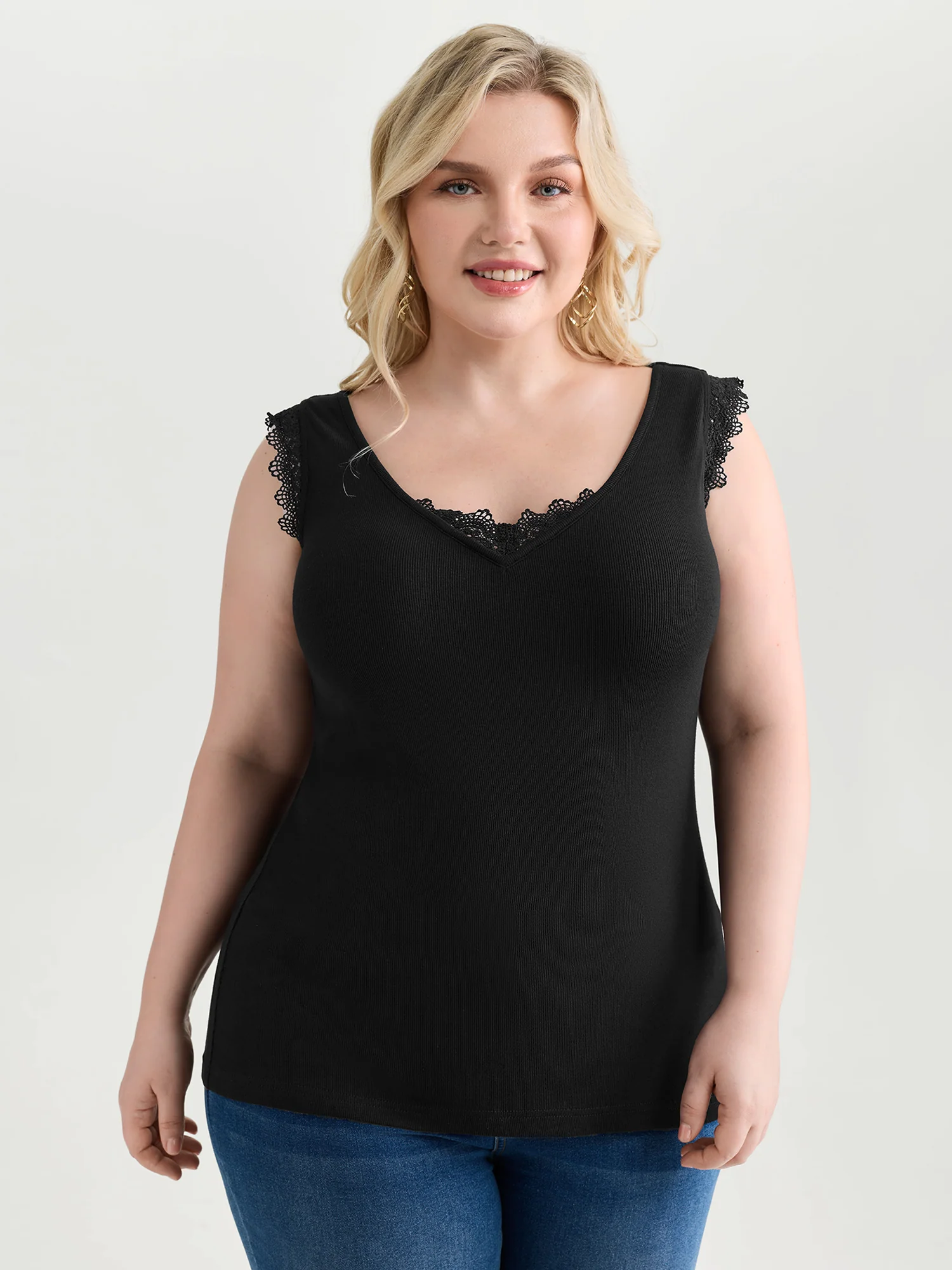 Supersoft Stretchy Lace Trim Neckline Tank Top - Image 2