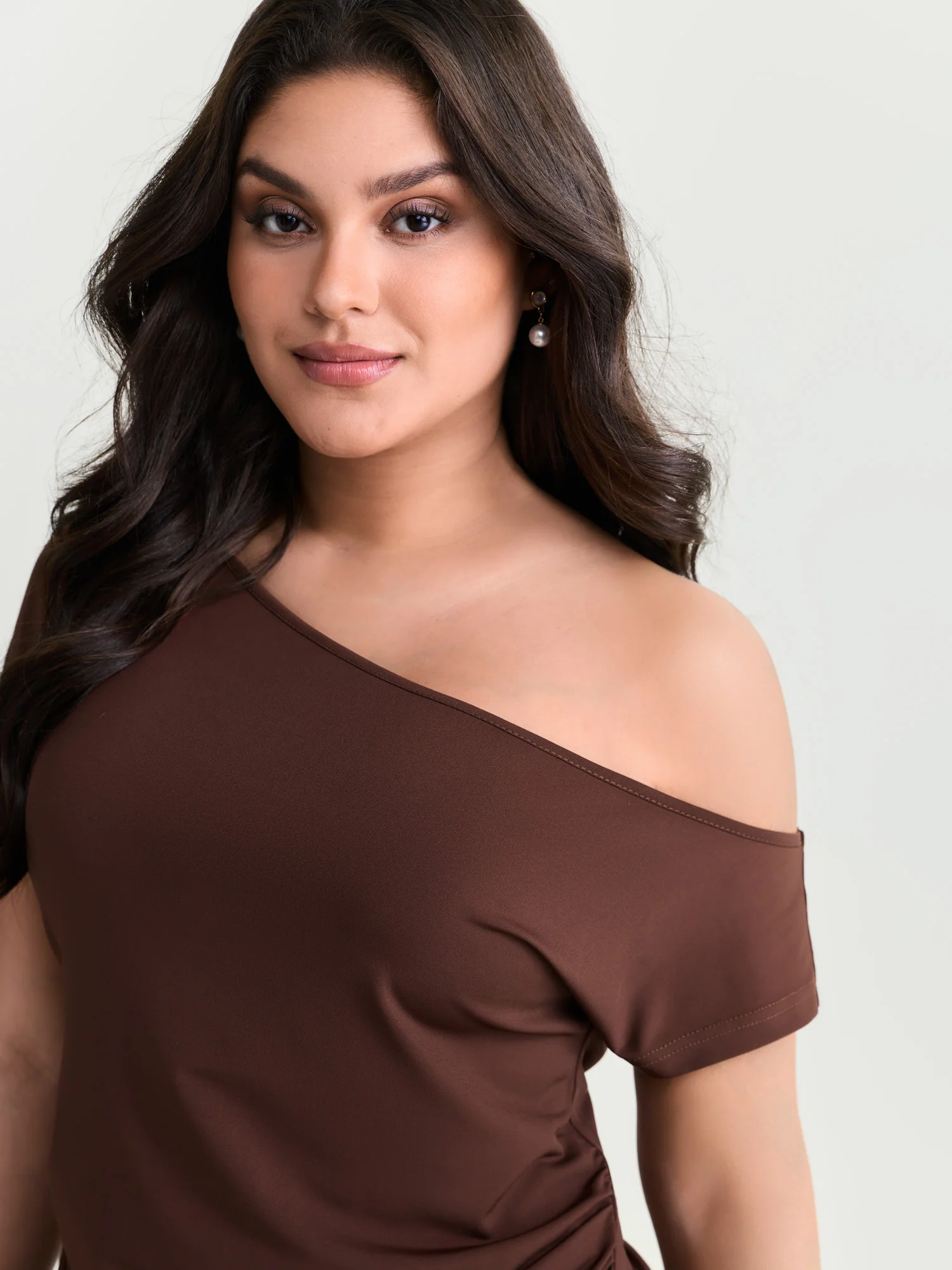 Supersoft Stretchy One-Shoulder Ruched Knit Top - Image 2
