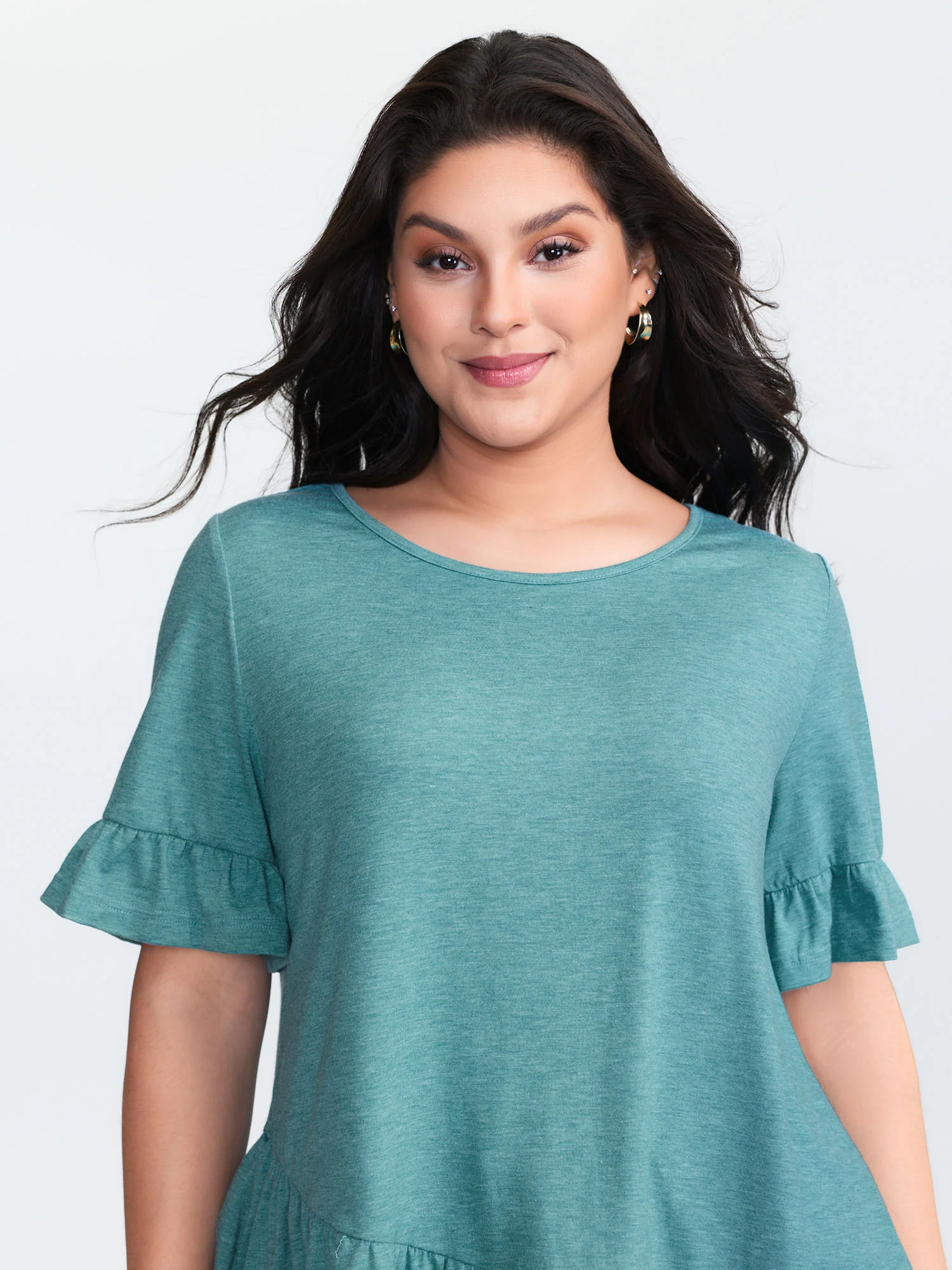 Supersoft Stretchy Ruffled Hem Plain Knit Top - Image 2