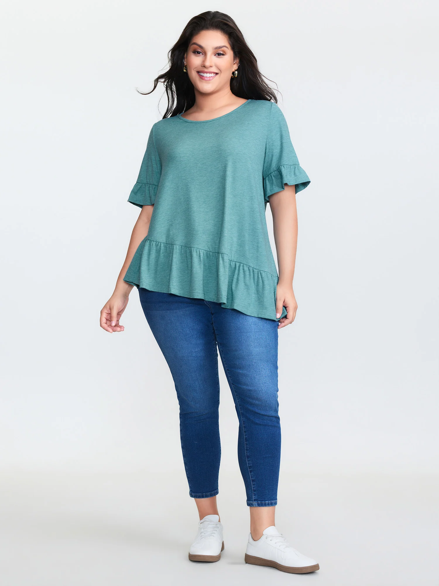 Supersoft Stretchy Ruffled Hem Plain Knit Top - Image 3