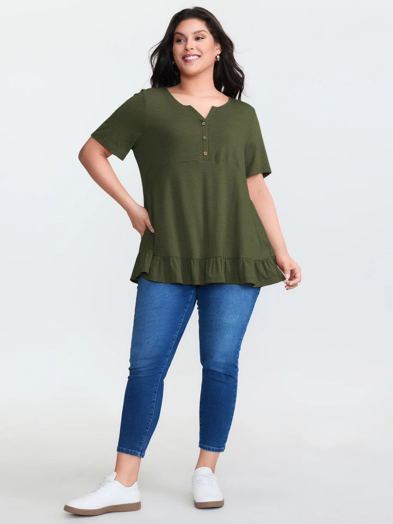 Supersoft Stretchy Ruffled Hemline Button T-Shirt - Image 11