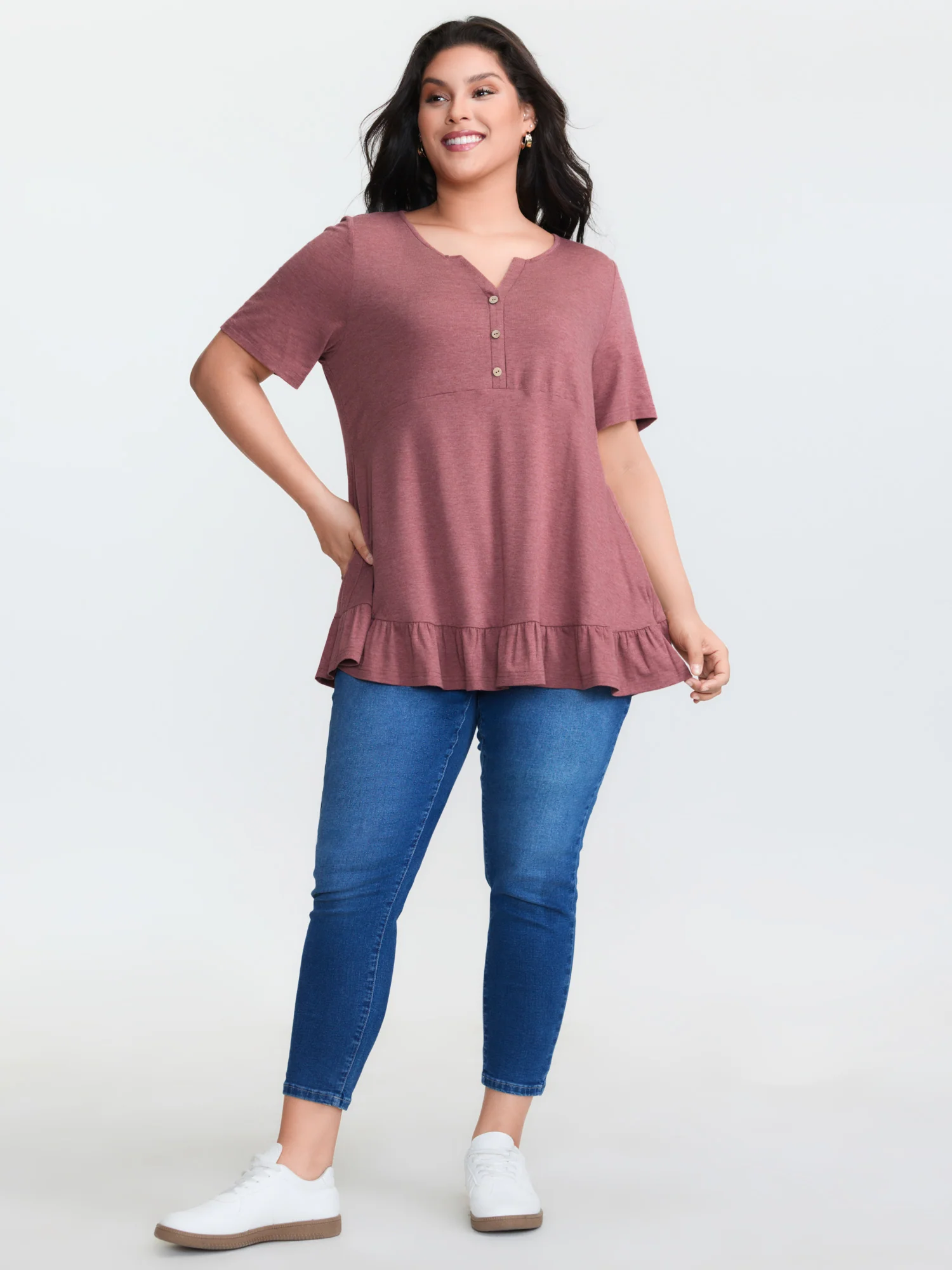 Supersoft Stretchy Ruffled Hemline Button T-Shirt - Image 3