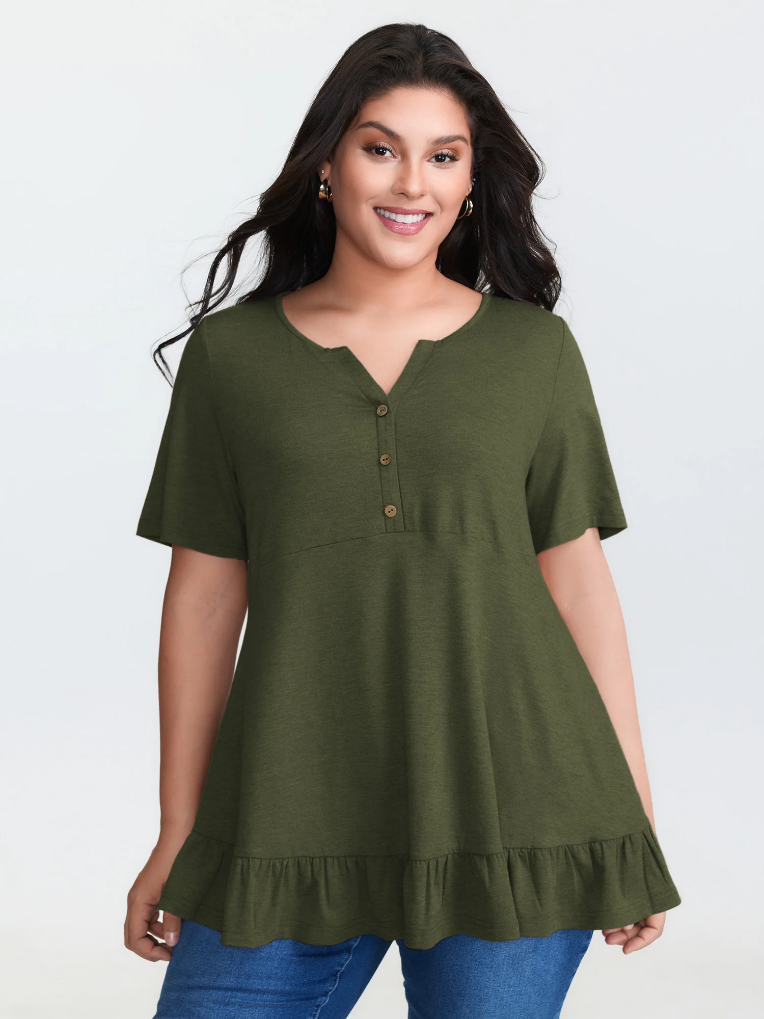 Supersoft Stretchy Ruffled Hemline Button T-Shirt - Image 9