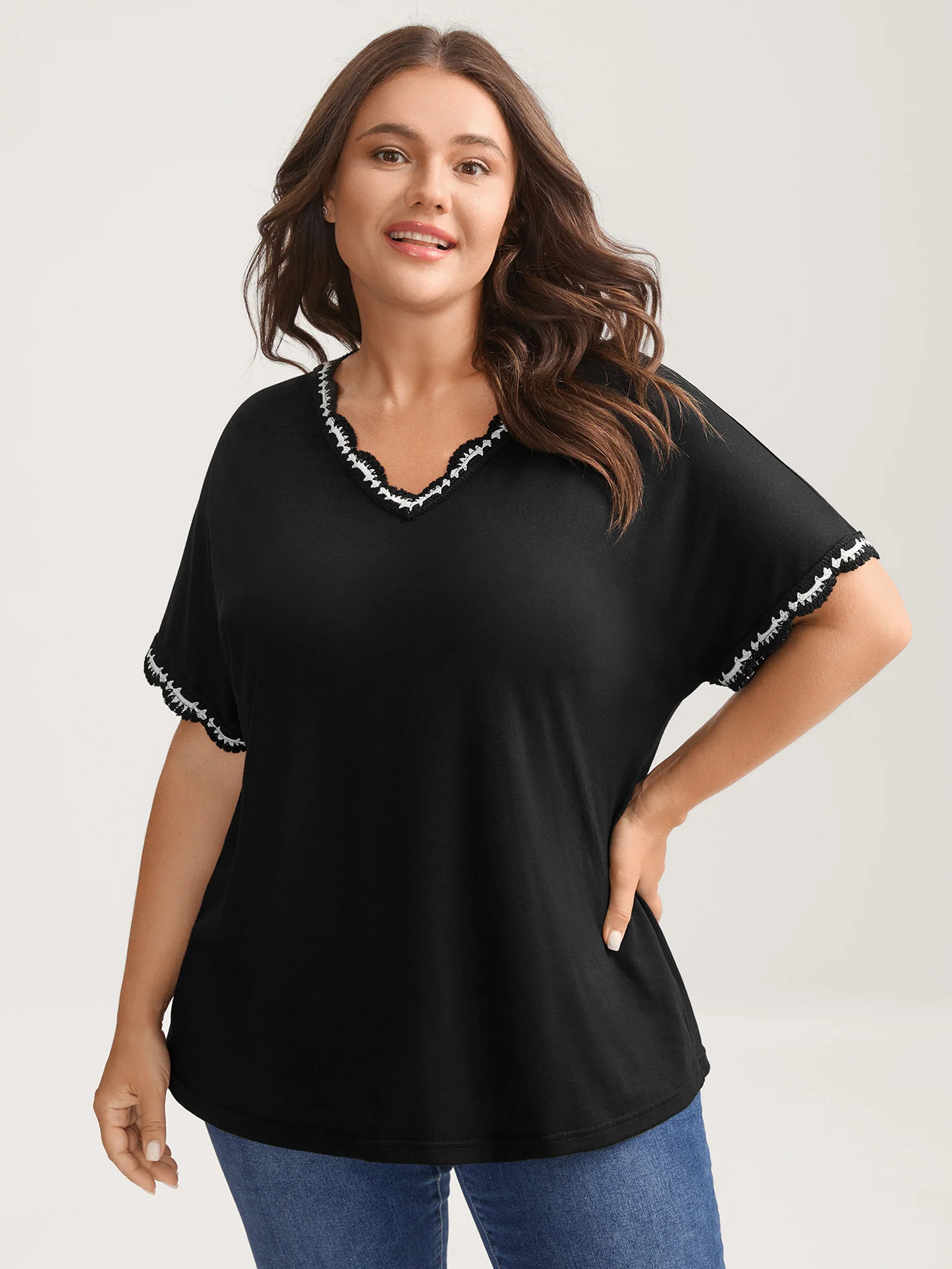 Supersoft Stretchy Scalloped Neck Solid T-Shirt - Image 2
