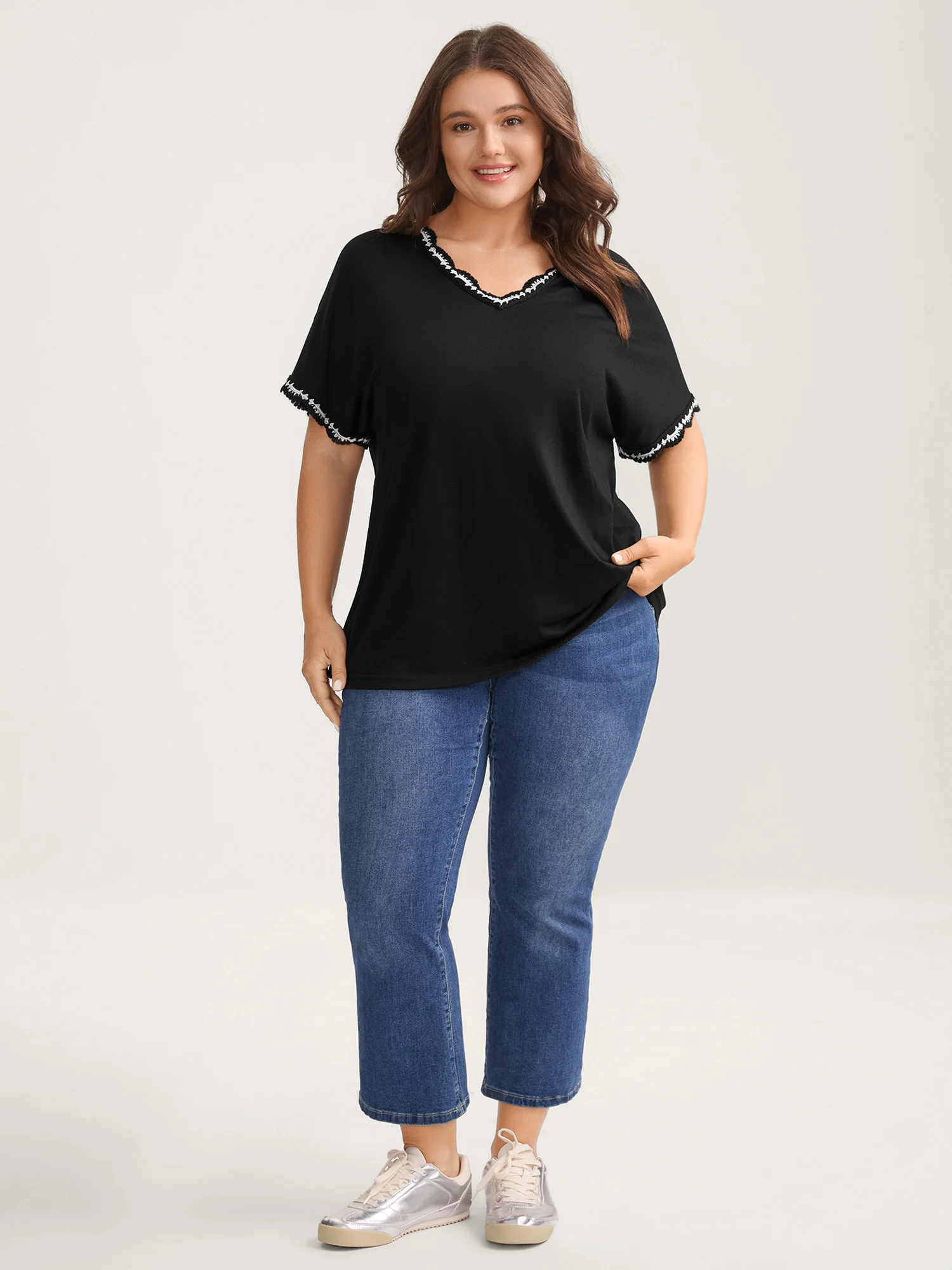 Supersoft Stretchy Scalloped Neck Solid T-Shirt - Image 4