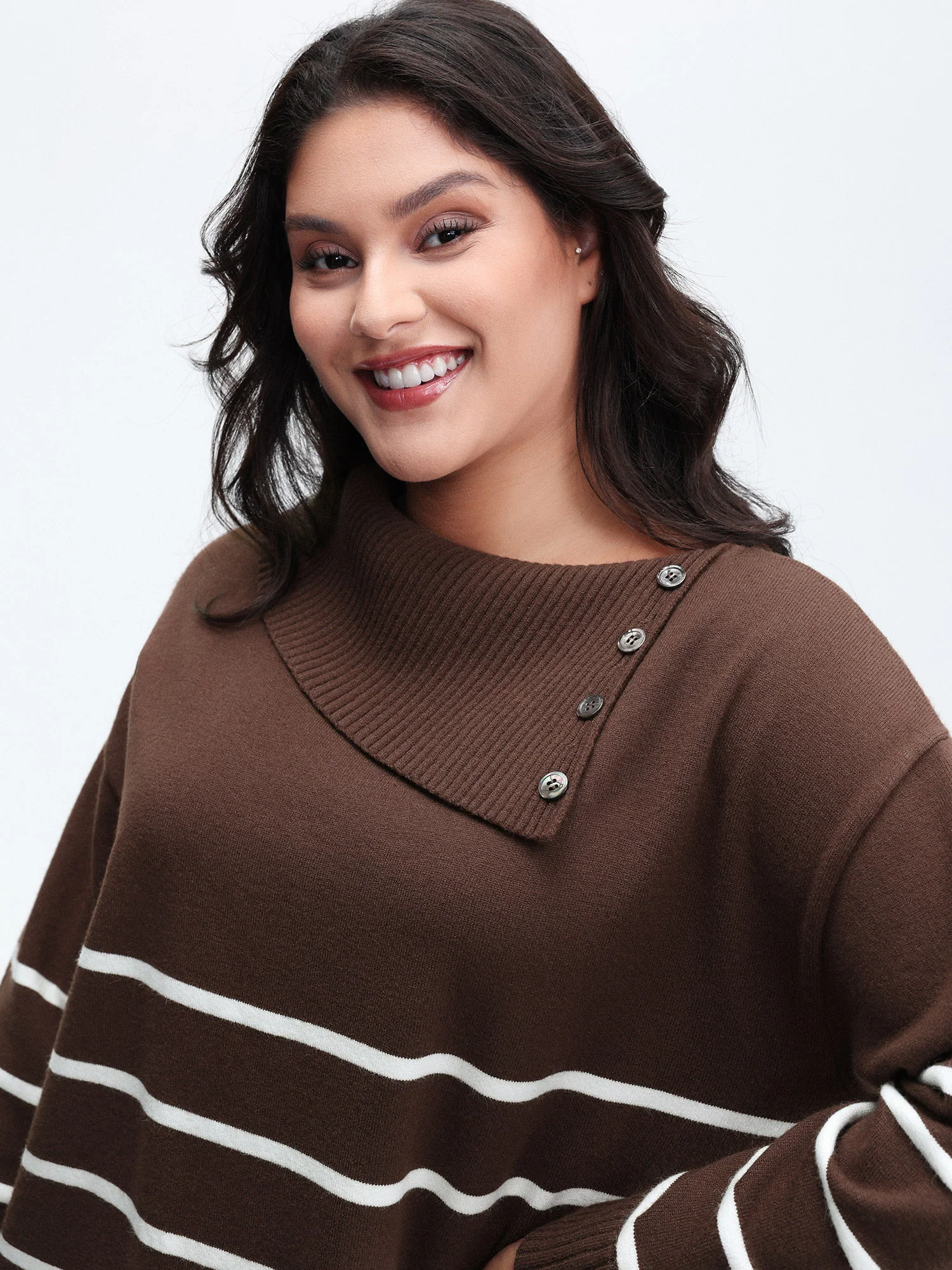 Supersoft Stripe Asymmetrical Collar Contrast Pullover - Image 2
