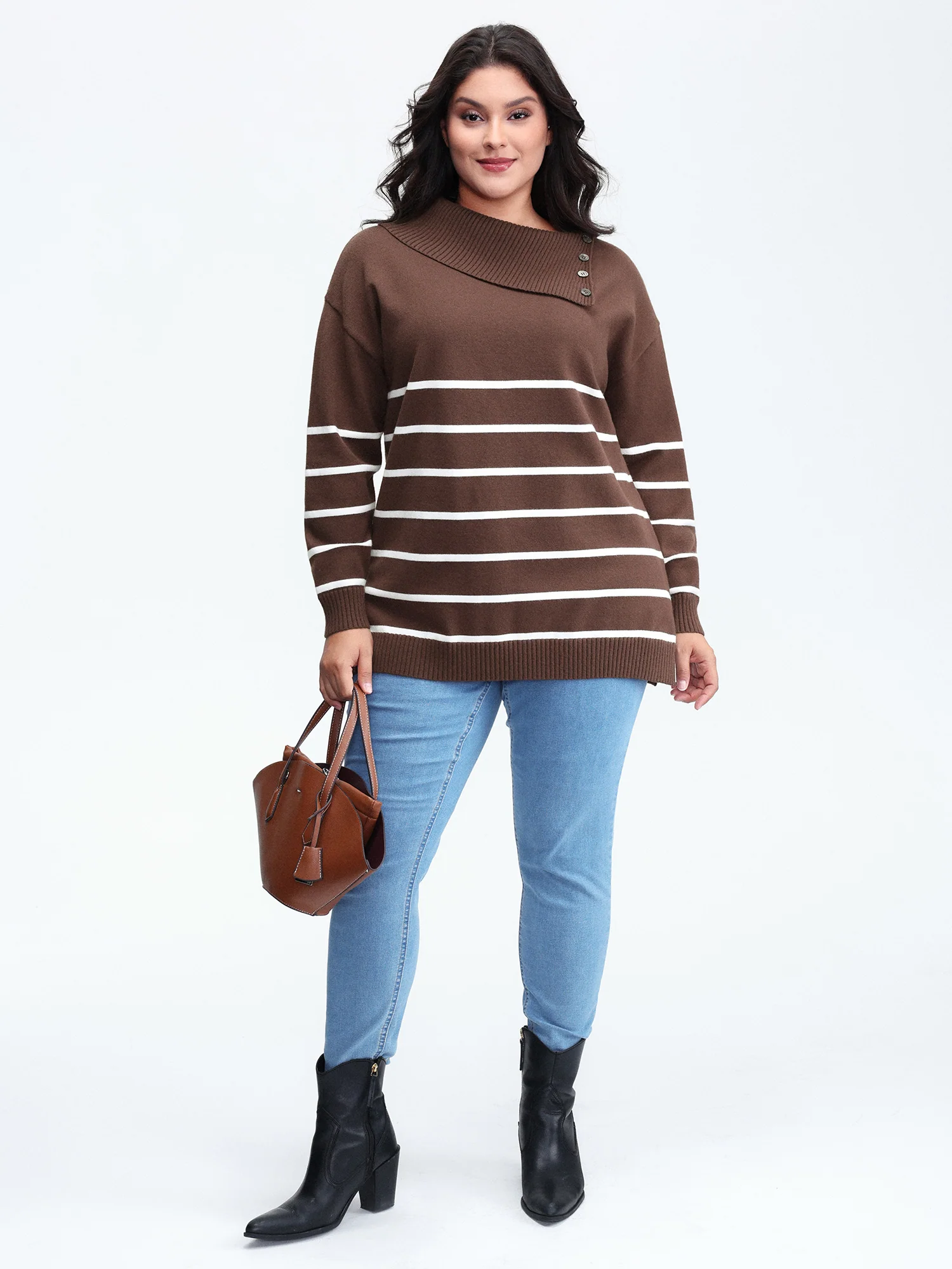 Supersoft Stripe Asymmetrical Collar Contrast Pullover - Image 3