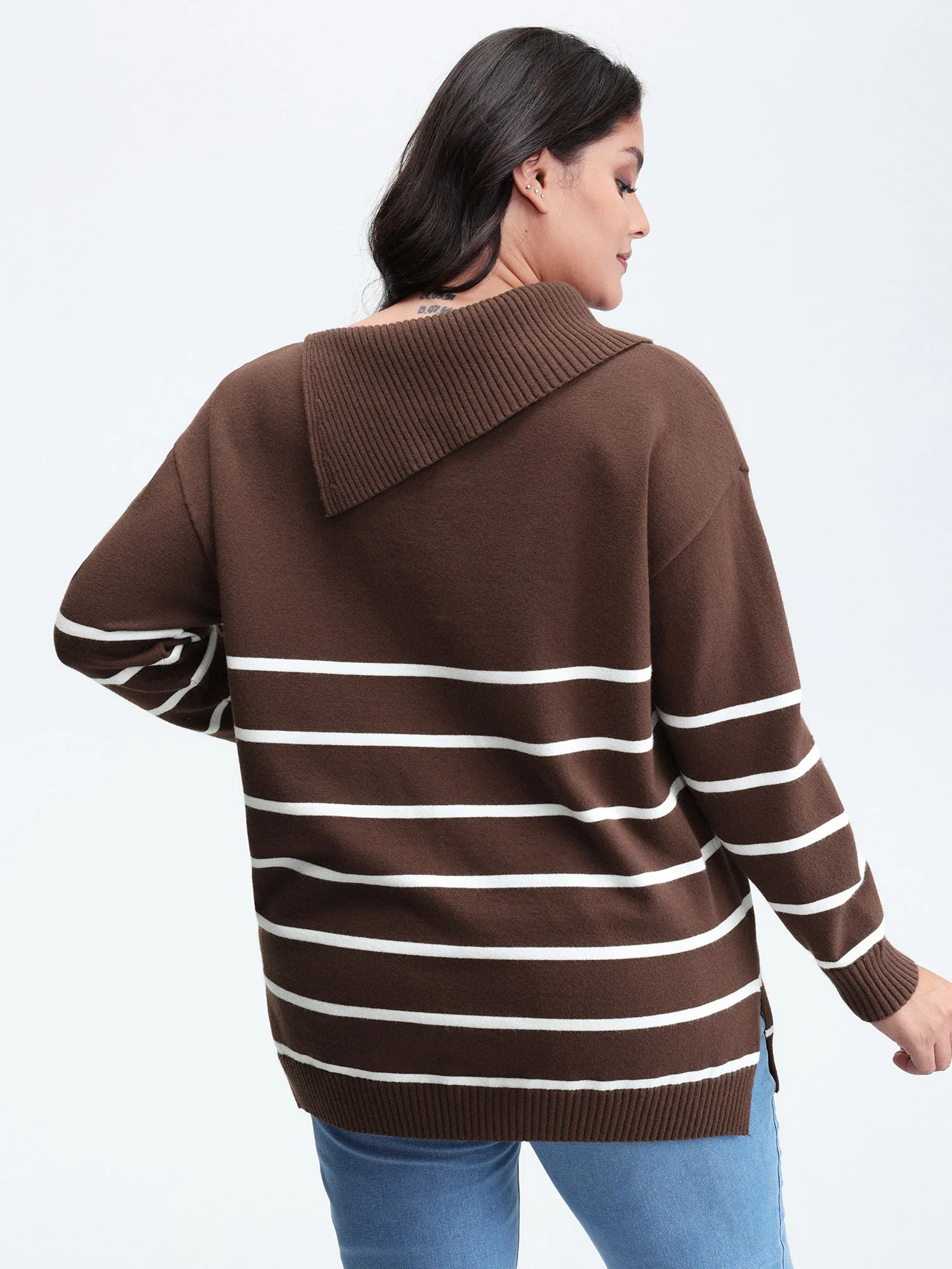 Supersoft Stripe Asymmetrical Collar Contrast Pullover - Image 4