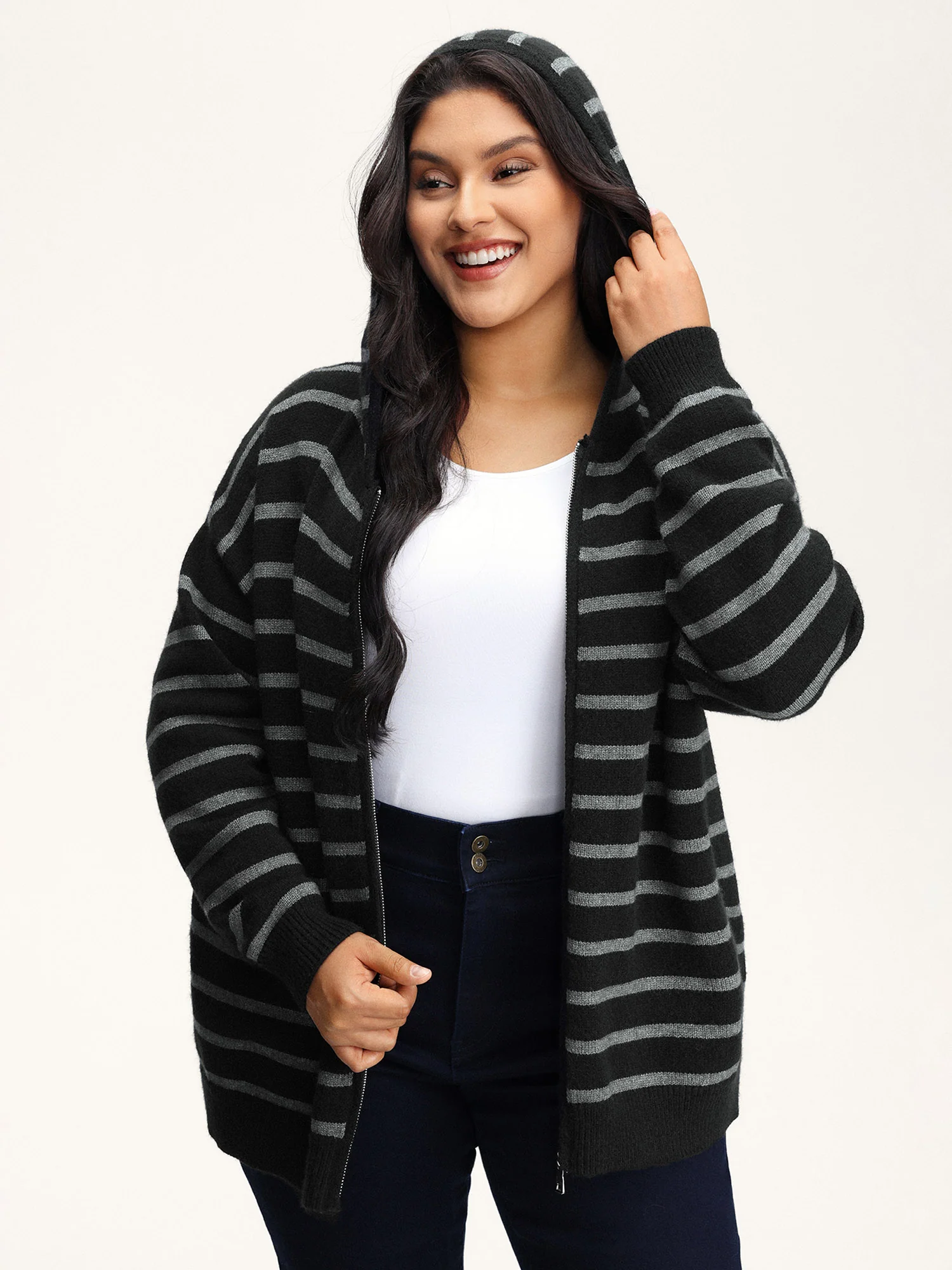Supersoft Stripe Hooded Zipper Pockets Knit Cardigan - Image 2