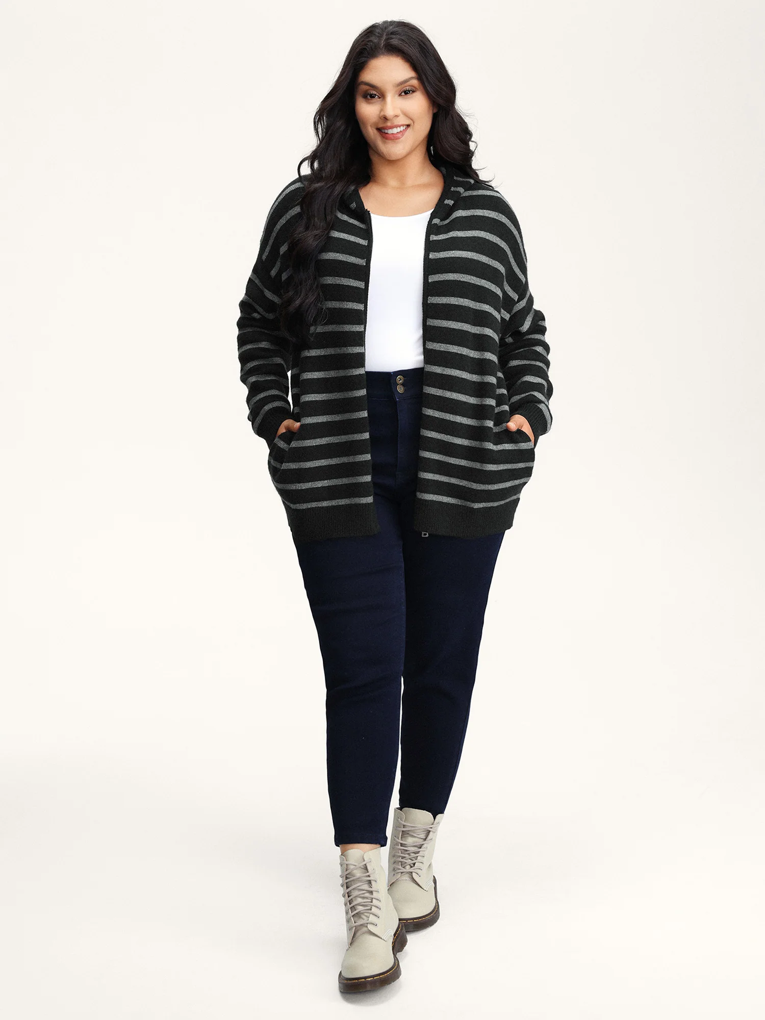 Supersoft Stripe Hooded Zipper Pockets Knit Cardigan - Image 3
