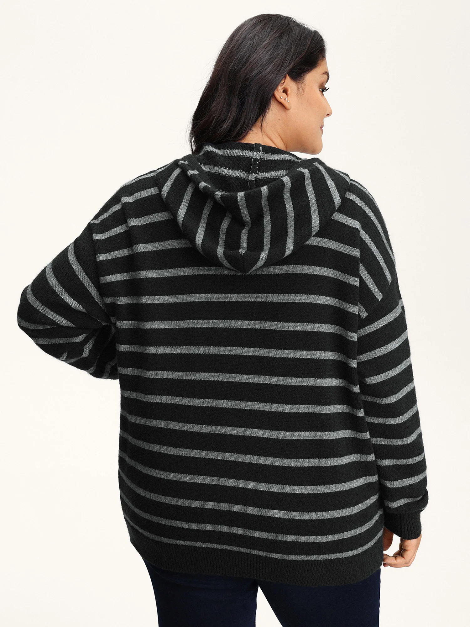 Supersoft Stripe Hooded Zipper Pockets Knit Cardigan - Image 4