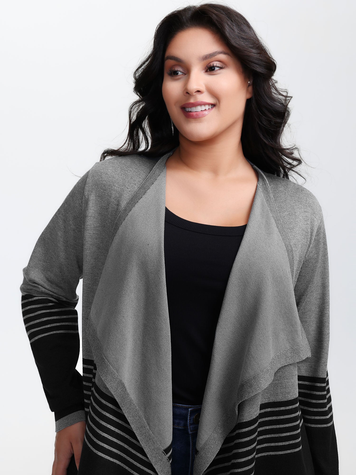 Supersoft Stripes Asymmetrical Collar Knit Cardigan - Image 2