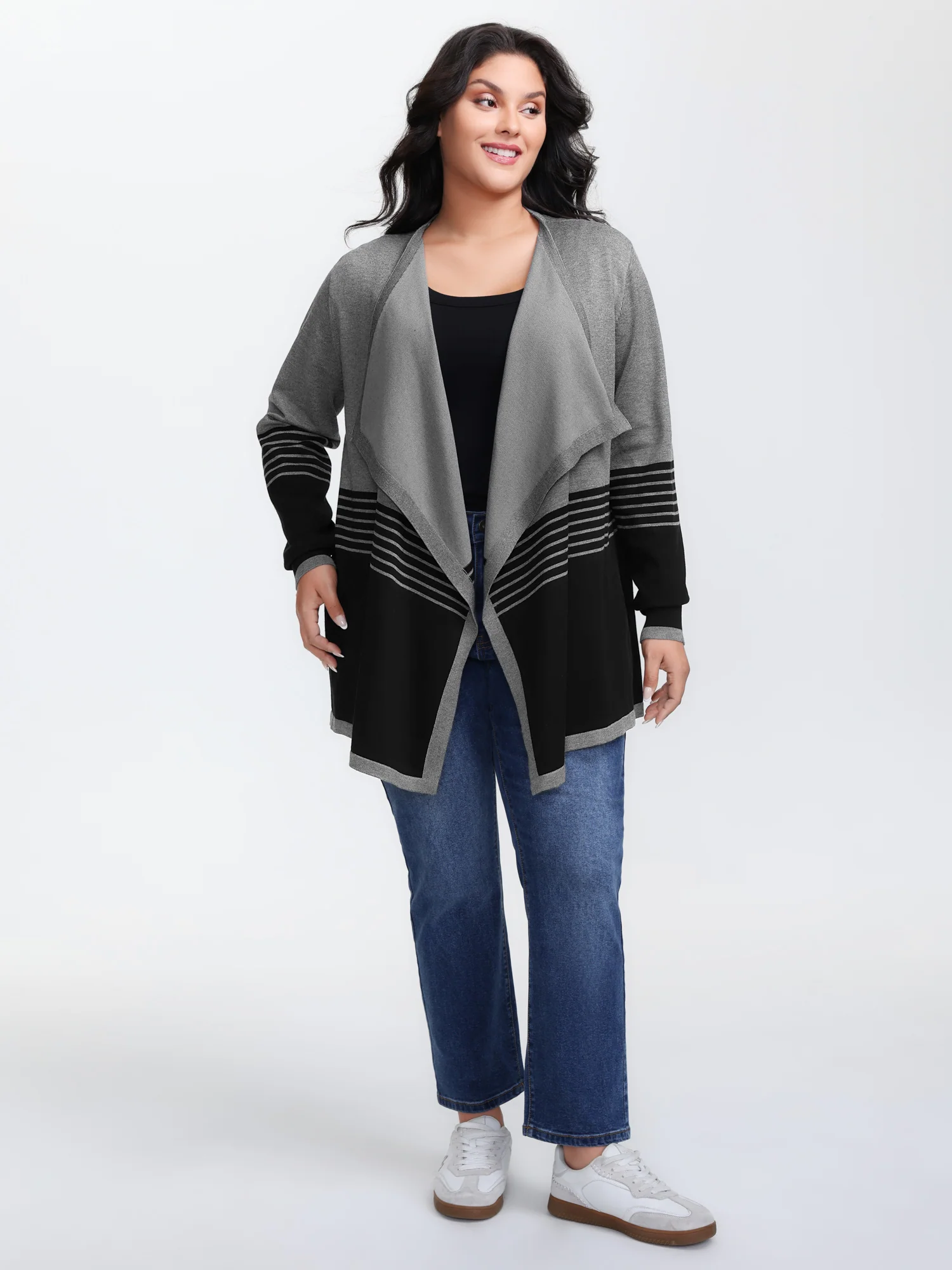 Supersoft Stripes Asymmetrical Collar Knit Cardigan - Image 3