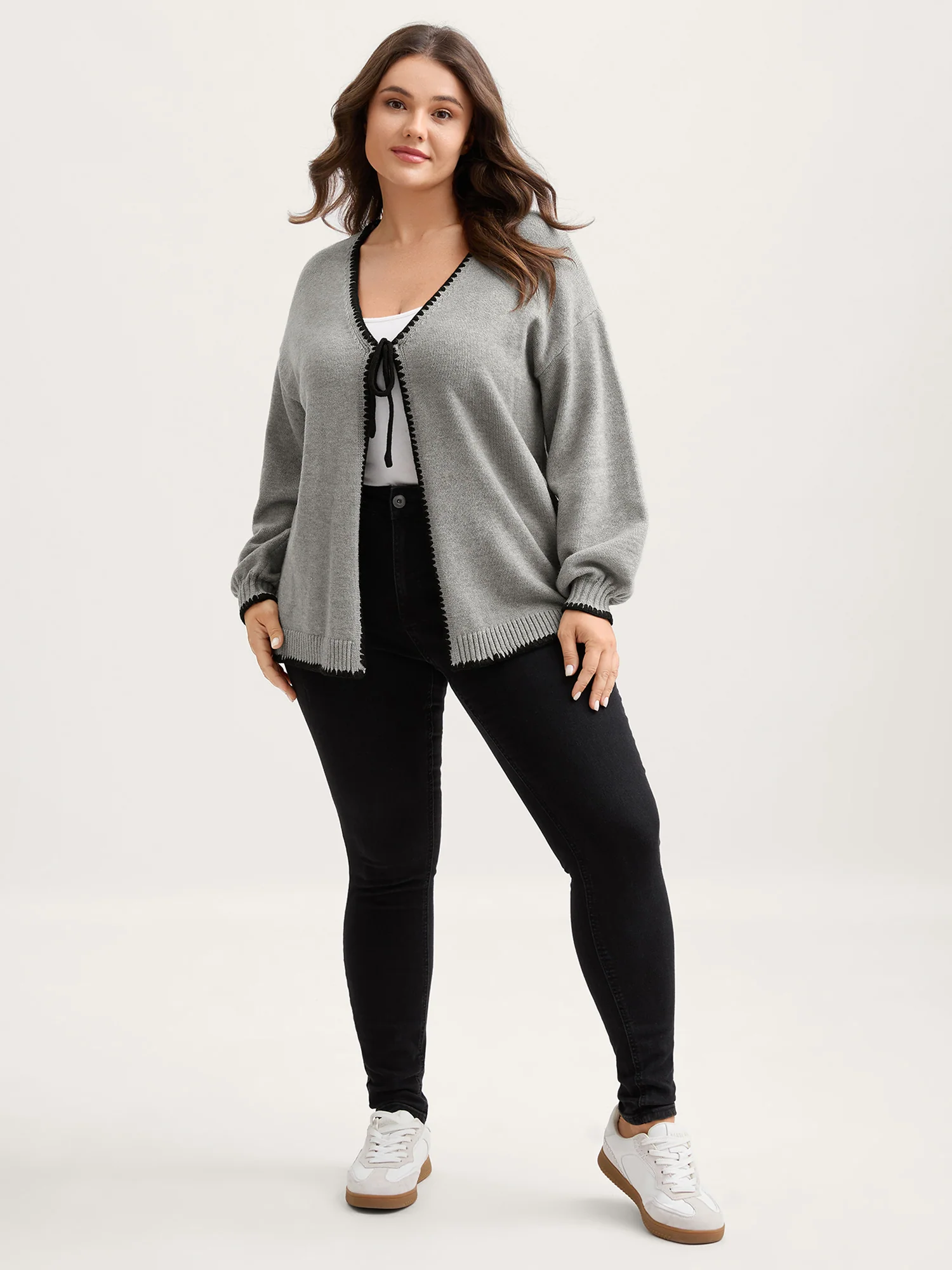 Supersoft Textured Contrast Lace Tie Knit Cardigan - Image 3
