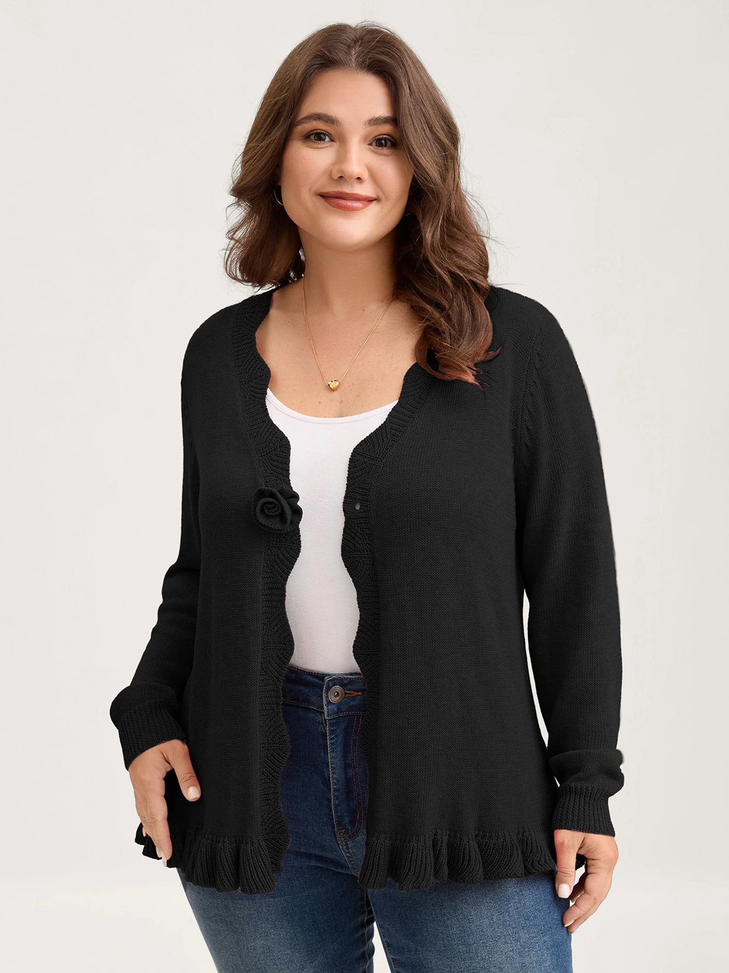 Supersoft Textured Floral Button Ruffled Hem Knit Cardigan - Image 10