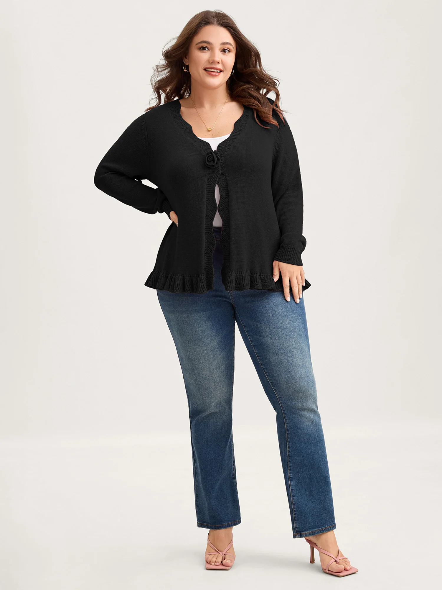 Supersoft Textured Floral Button Ruffled Hem Knit Cardigan - Image 11