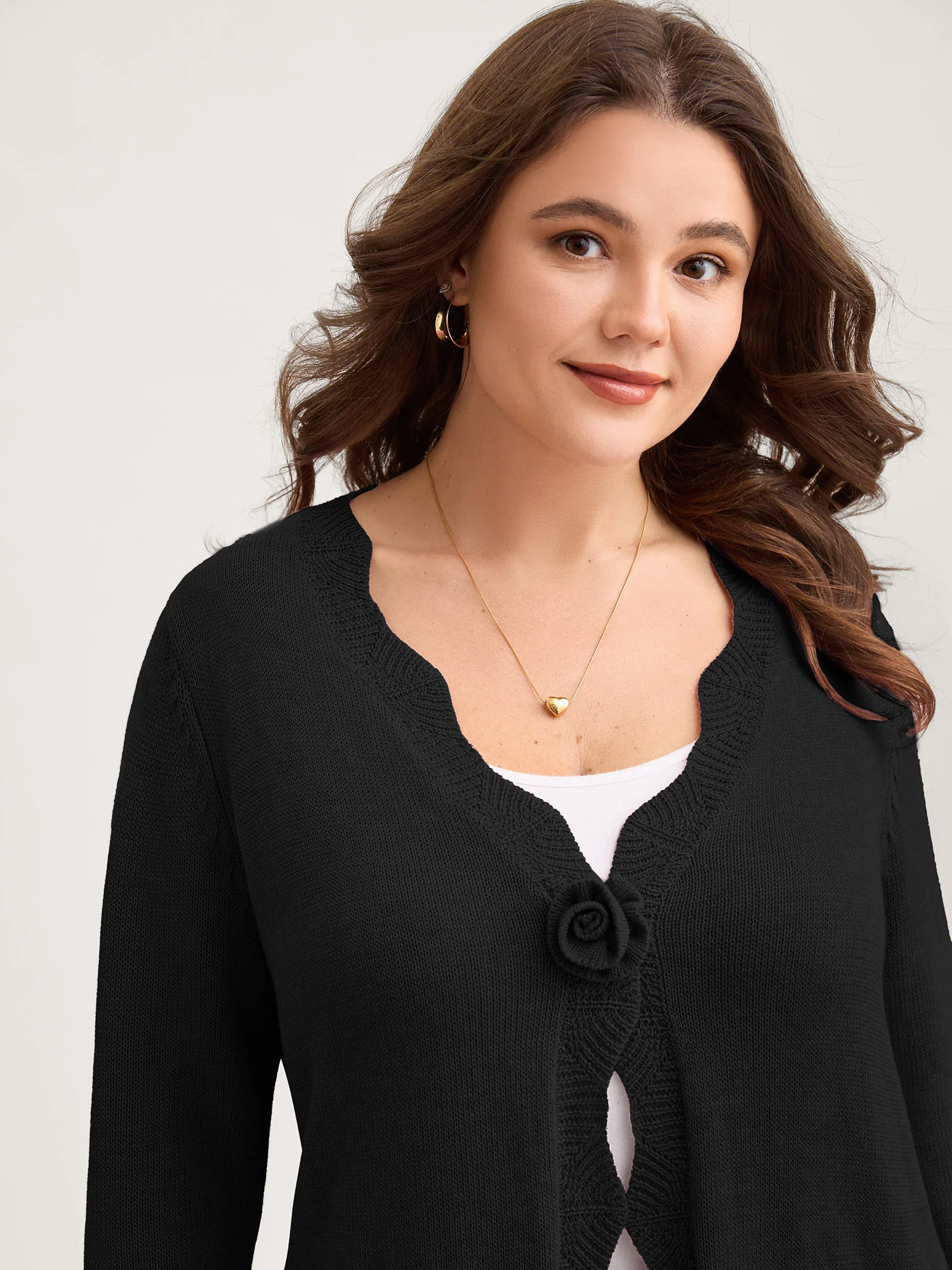 Supersoft Textured Floral Button Ruffled Hem Knit Cardigan - Image 13