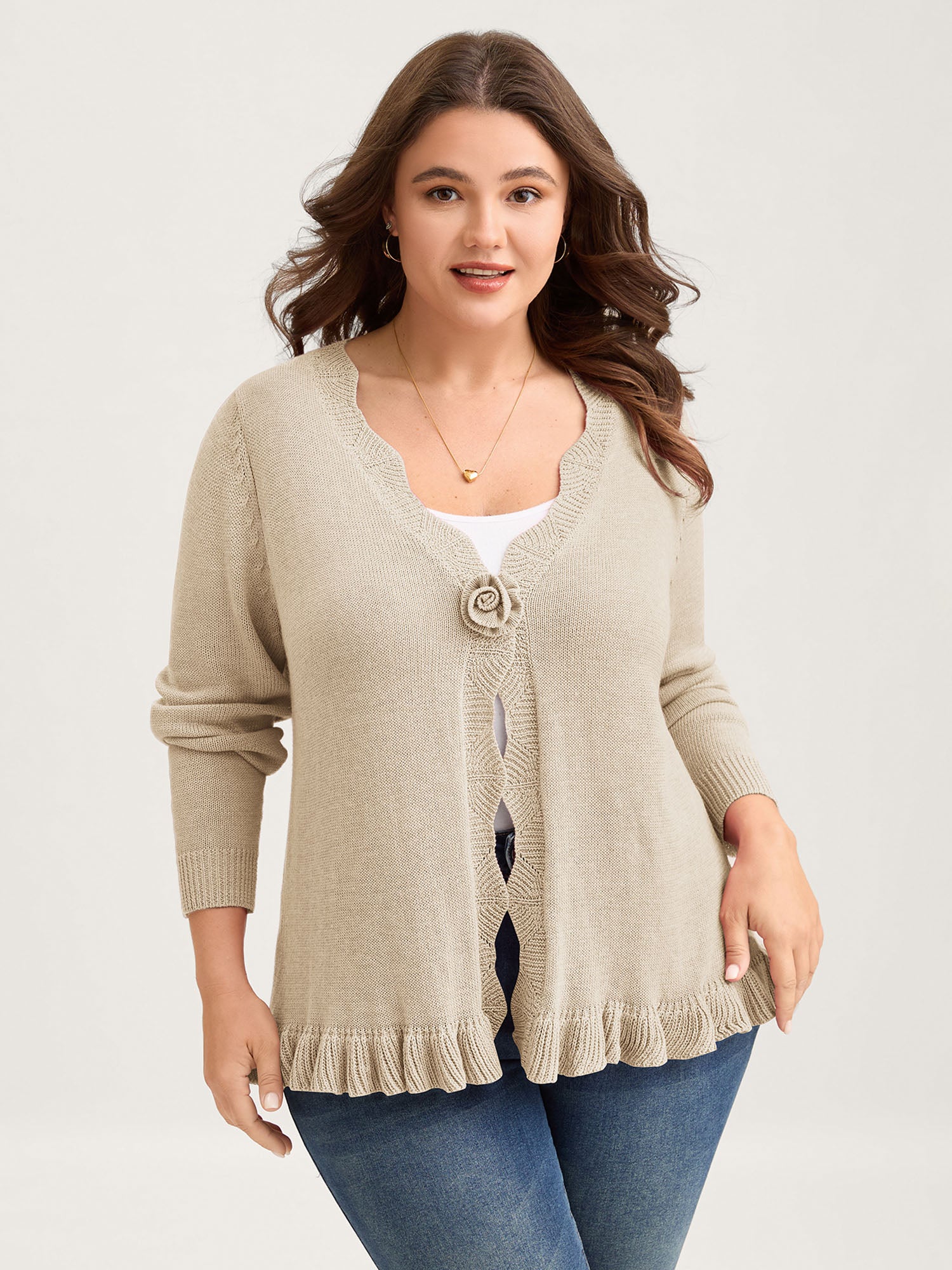 Supersoft Textured Floral Button Ruffled Hem Knit Cardigan - Image 14