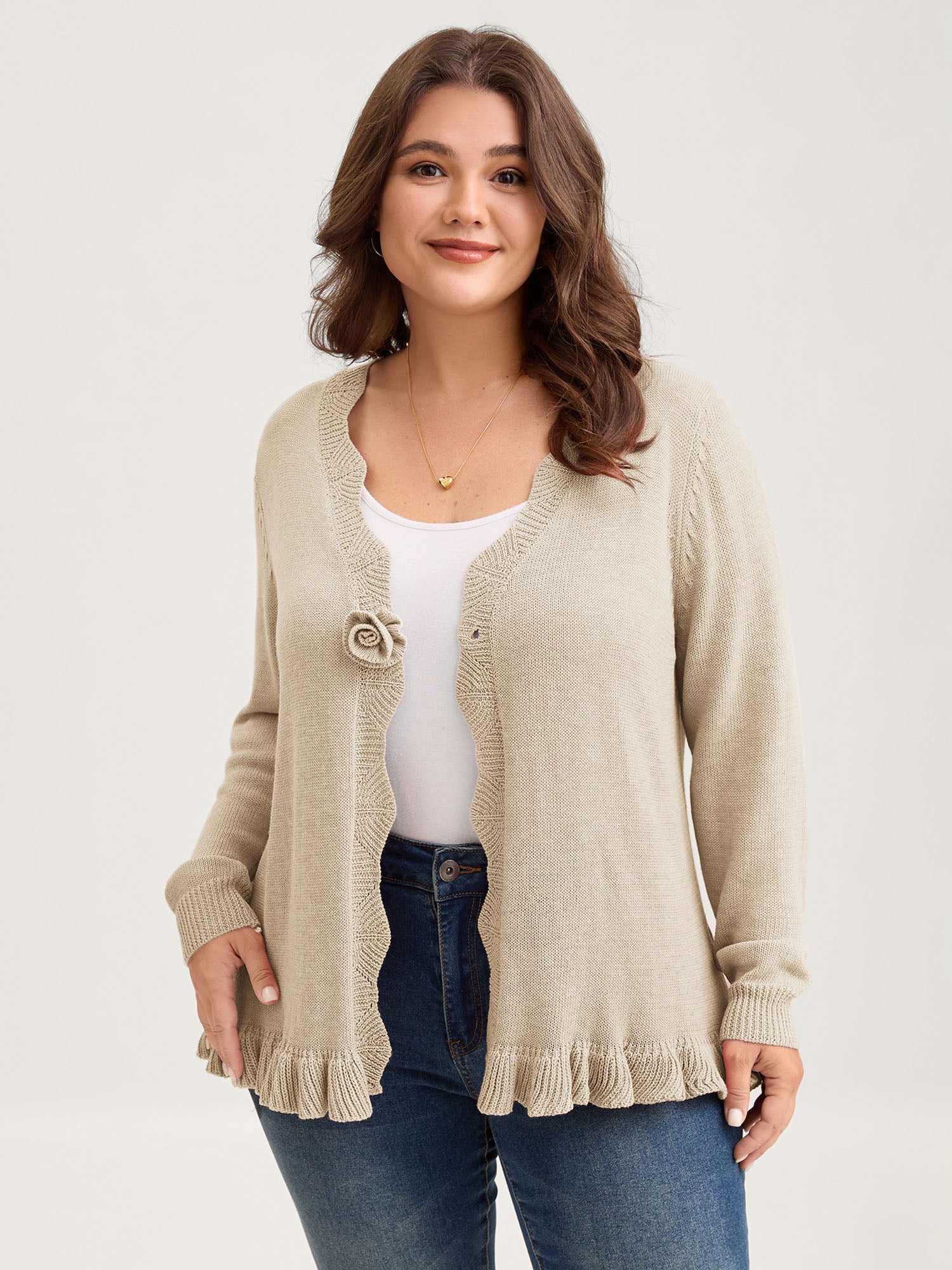 Supersoft Textured Floral Button Ruffled Hem Knit Cardigan - Image 15