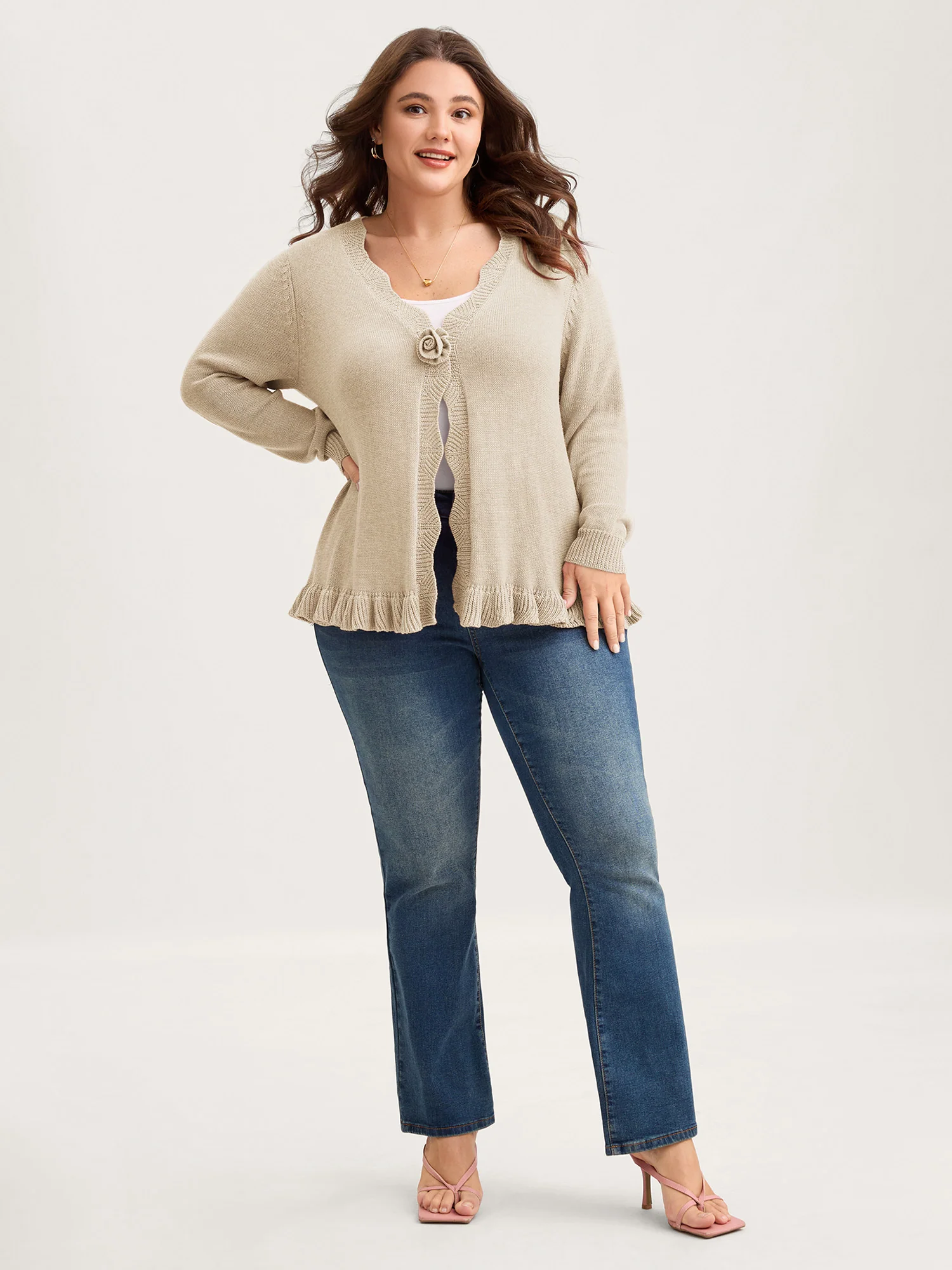 Supersoft Textured Floral Button Ruffled Hem Knit Cardigan - Image 16