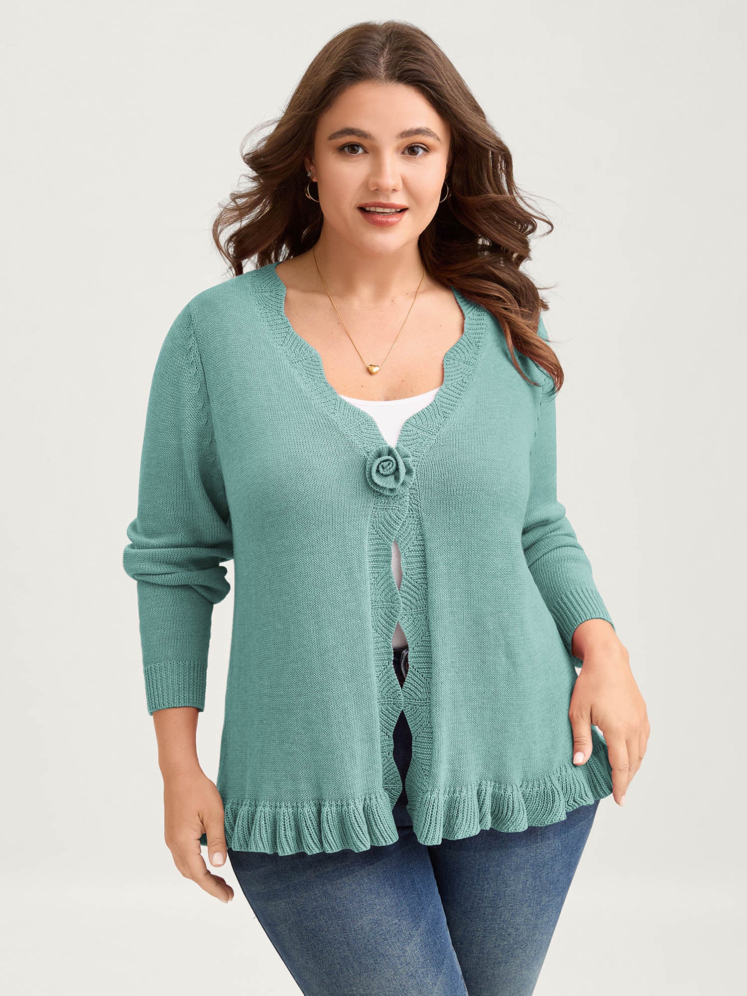Supersoft Textured Floral Button Ruffled Hem Knit Cardigan - Image 19