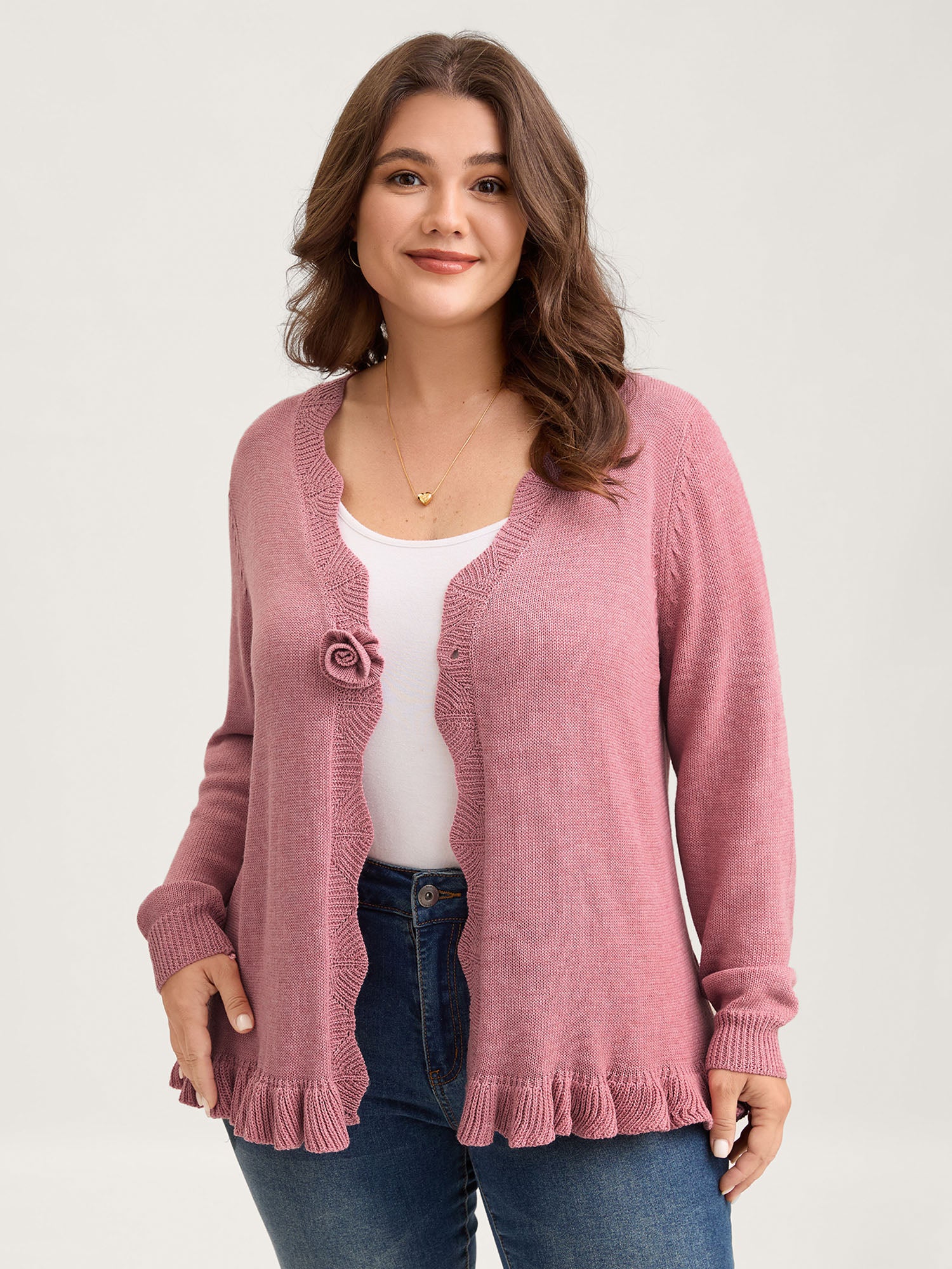 Supersoft Textured Floral Button Ruffled Hem Knit Cardigan - Image 2