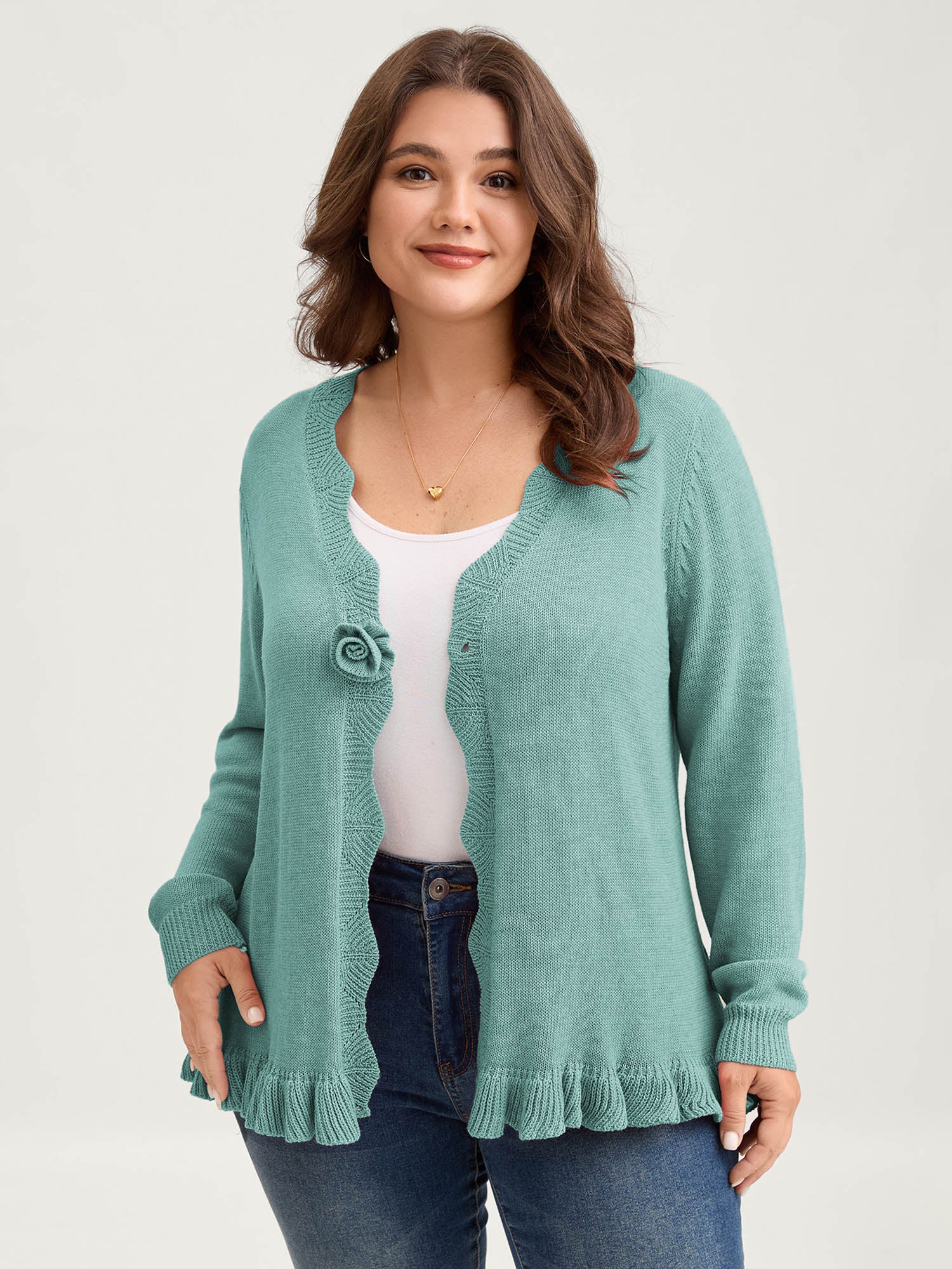 Supersoft Textured Floral Button Ruffled Hem Knit Cardigan - Image 20